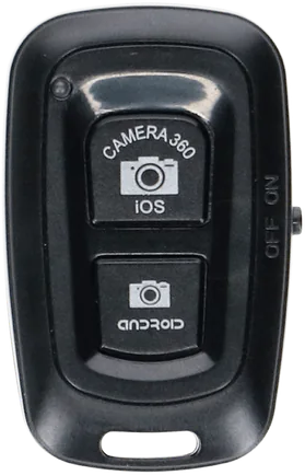 Télécommande noire. Boutons pour caméras iOS et Android. Interrupteur marche/arrêt.