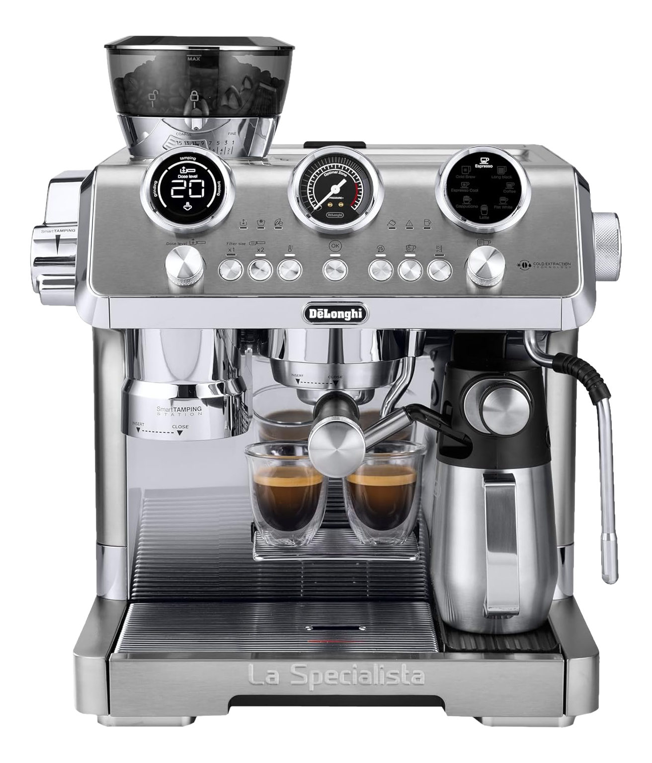 Silberne DeLonghi Espressomaschine mit zwei Espressotassen und einem Milchaufschäumer.