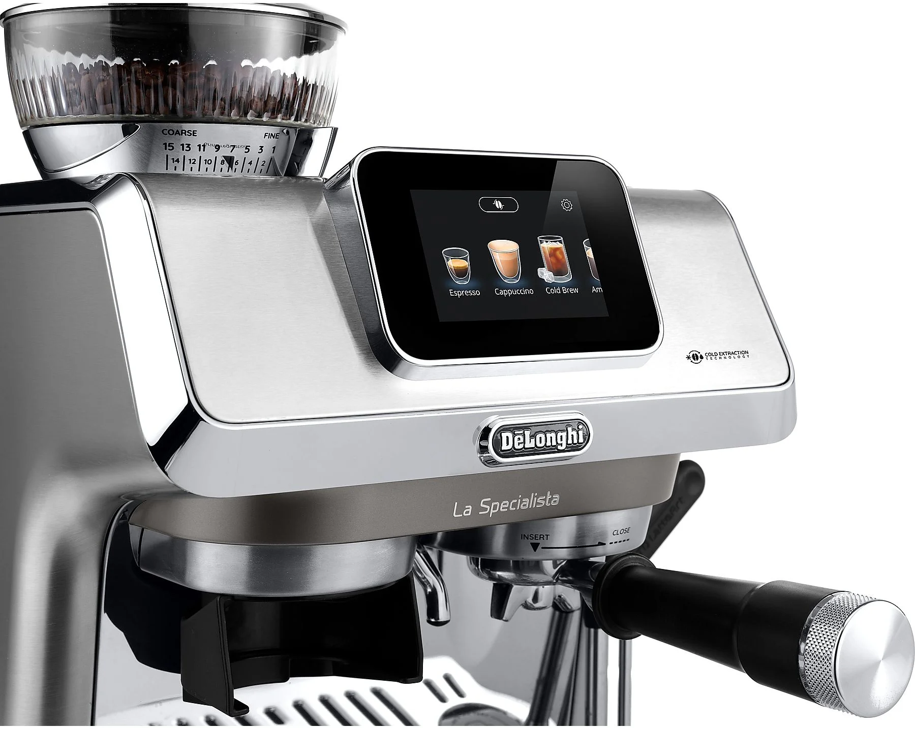 Una macchina da caffè con touchscreen, espresso e cappuccino visualizzati.