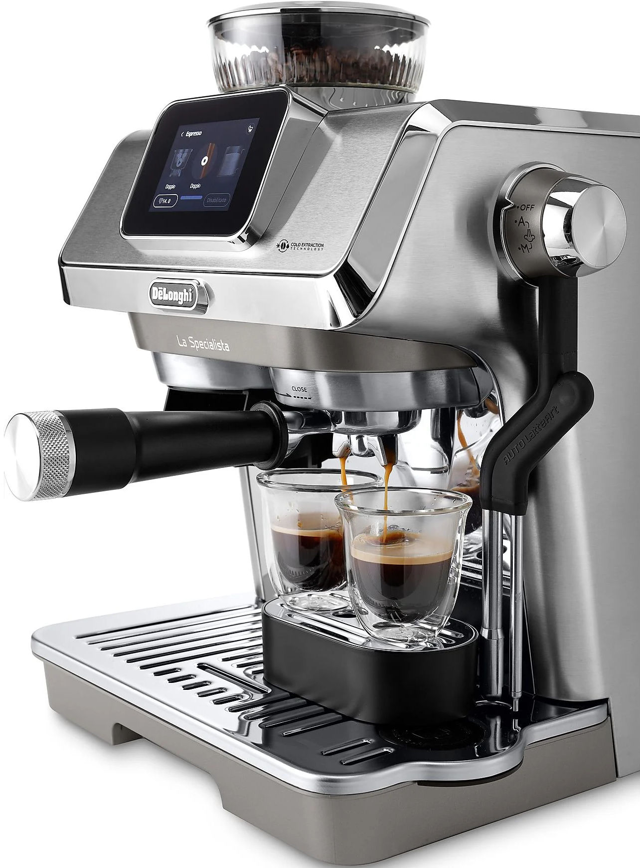 Macchina per espresso che prepara caffè in due tazze di vetro trasparente.