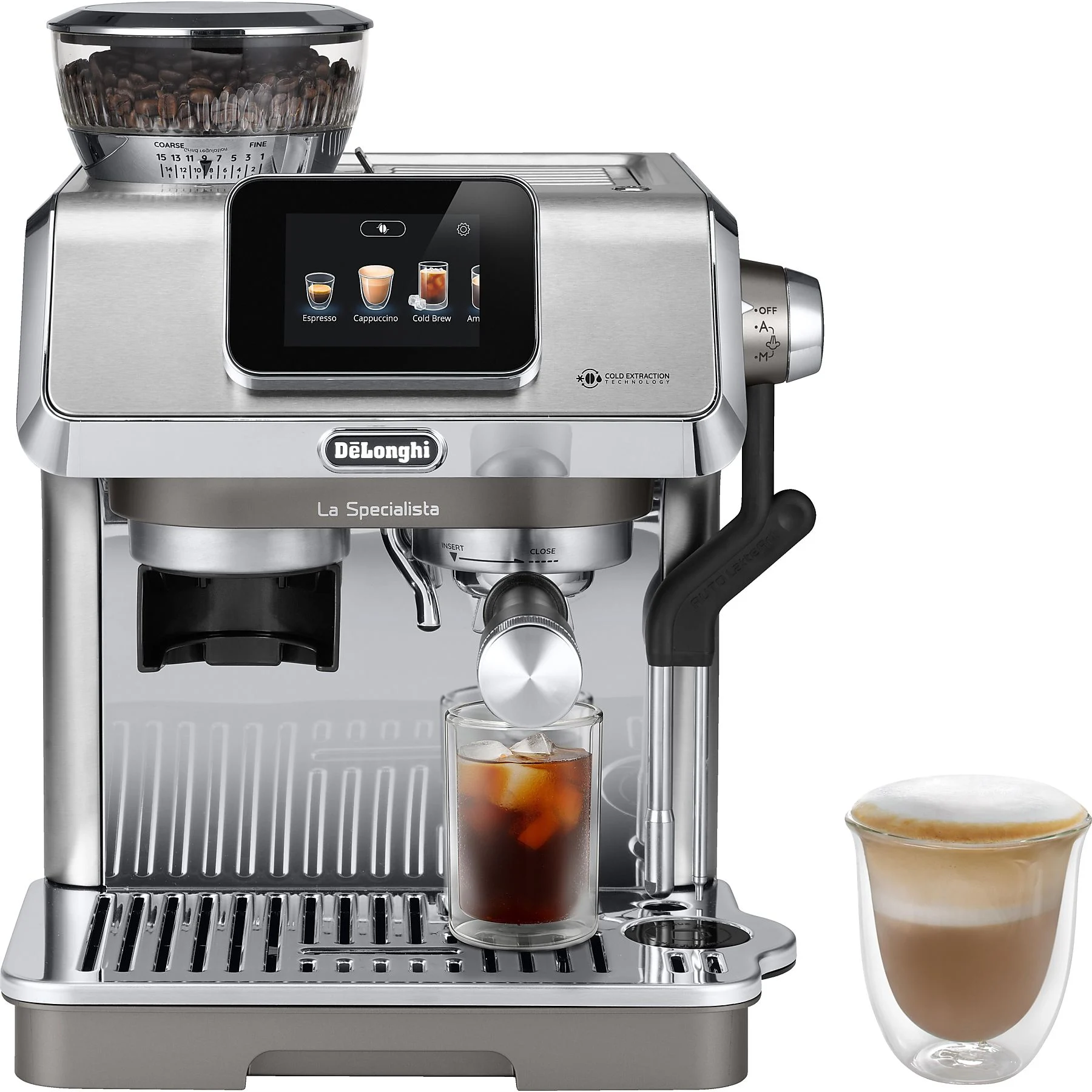 Macchina per espresso in acciaio inossidabile con caffè in un bicchiere. Espresso aggiuntivo in un bicchiere.