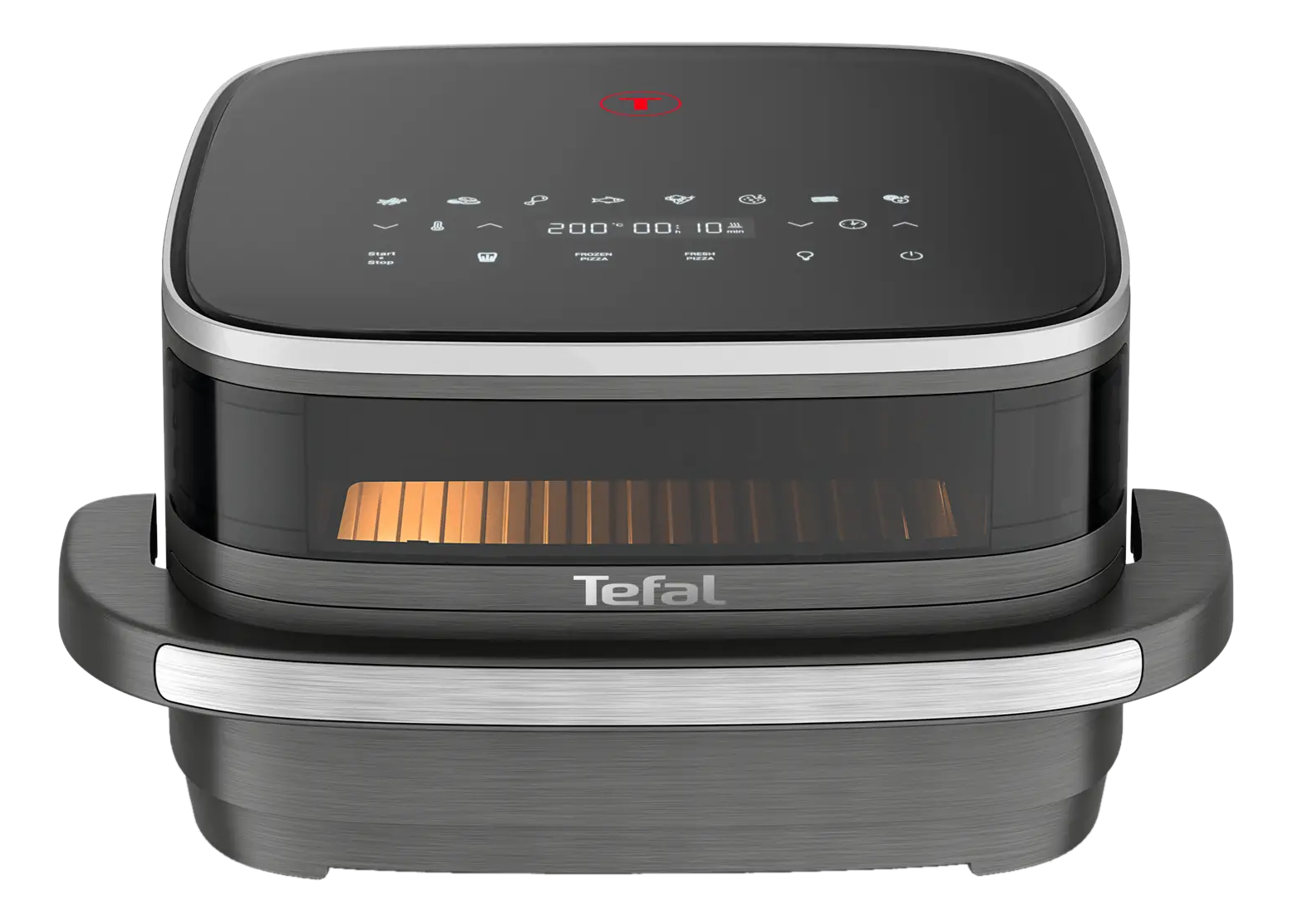 Ein Tefal-Heißluftfritteuse. Der obere Bereich ist dunkelgrau mit Digitalanzeige. Die Basis ist grau.