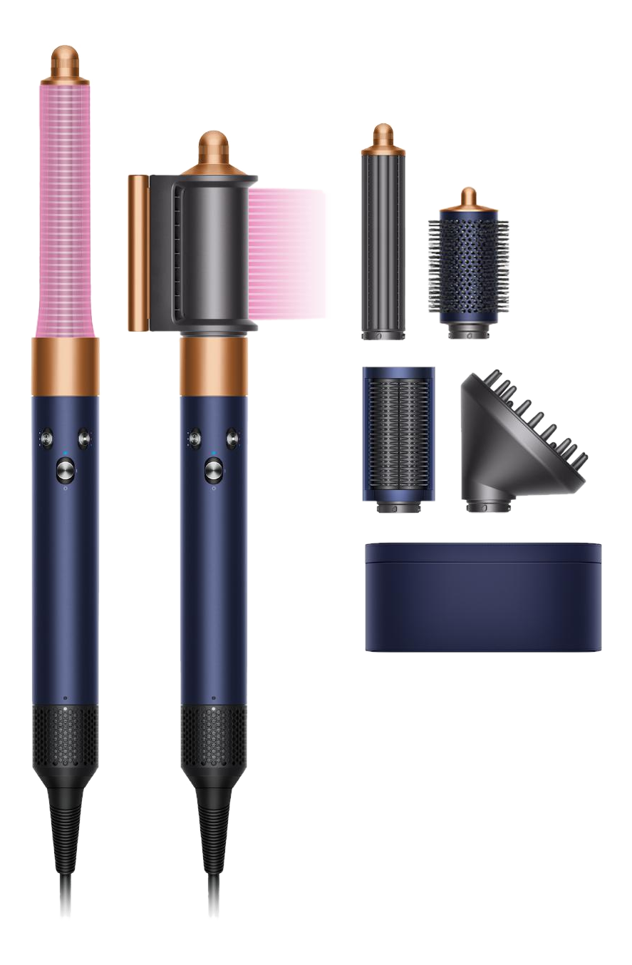 Styling per capelli Dyson con accessori multipli. Colori rosa, blu e bronzo. Sfondo bianco.