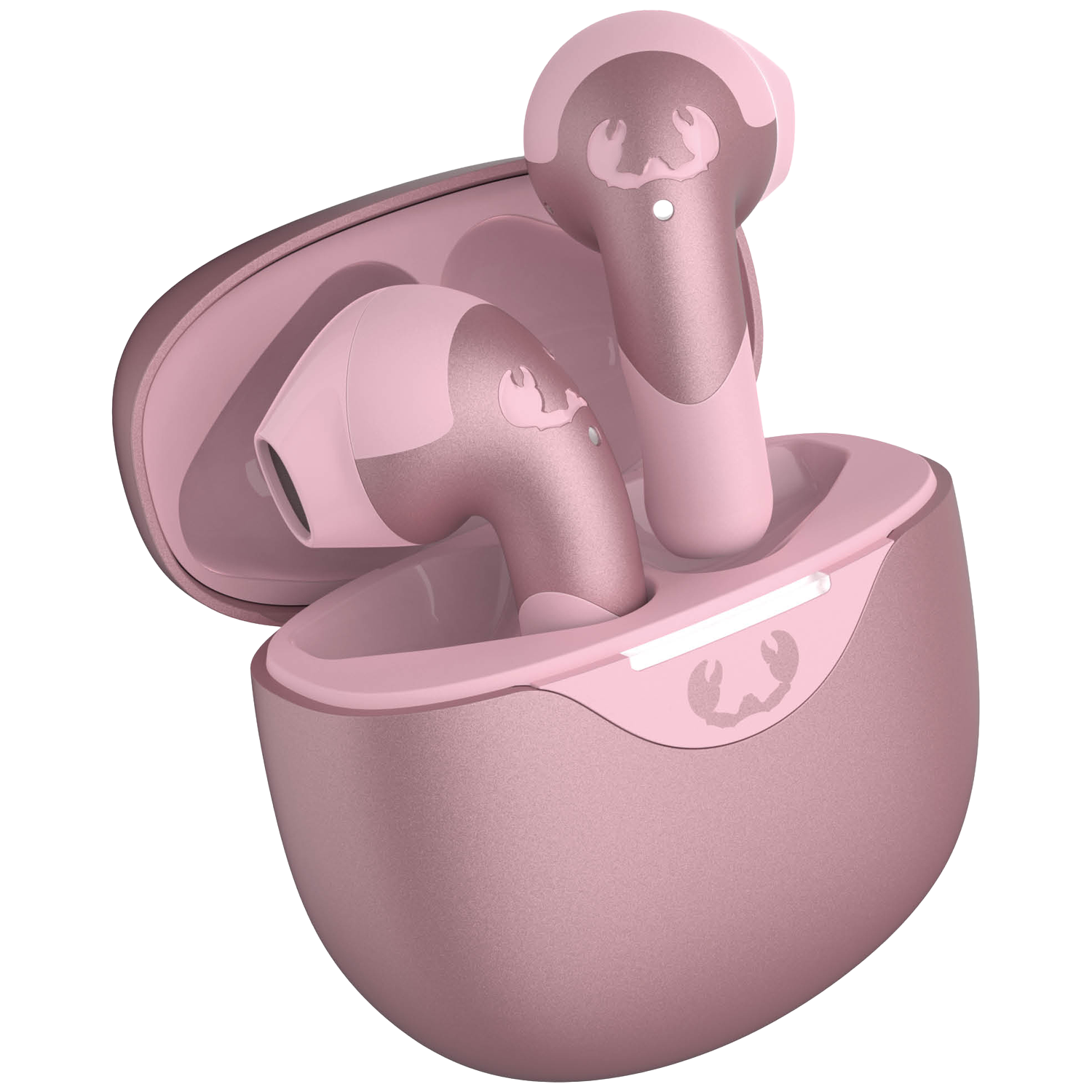Pink wireless earbuds in a charging case. The case and earbuds have a logo. The background is white.