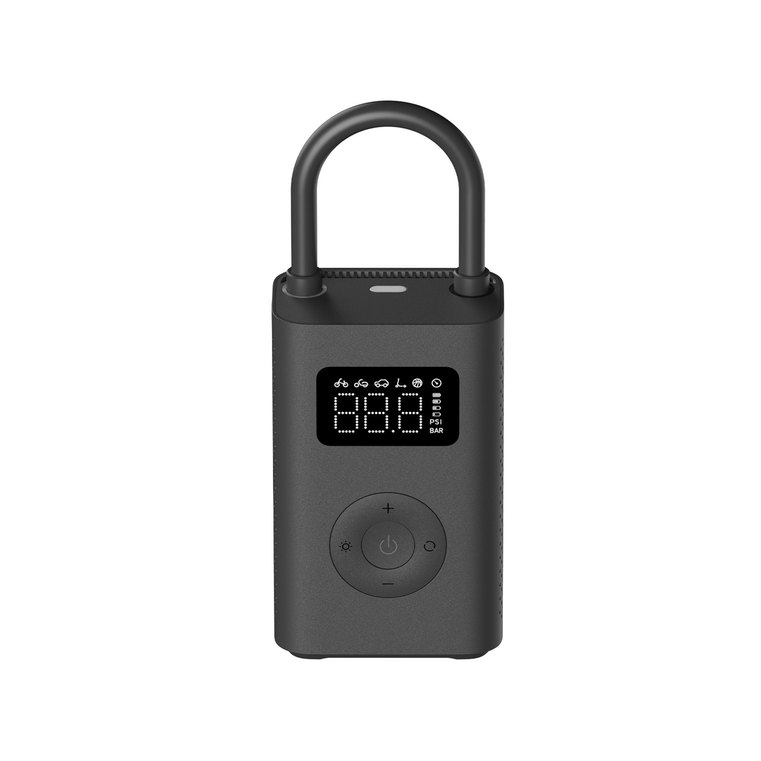 Black car tire inflator, digital display, with buttons and a handle.