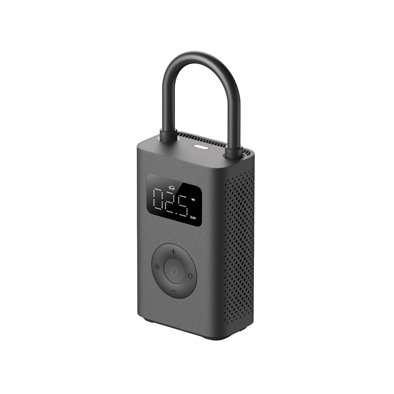 A small grey portable air pump with a digital display showing 02.5 BAR.