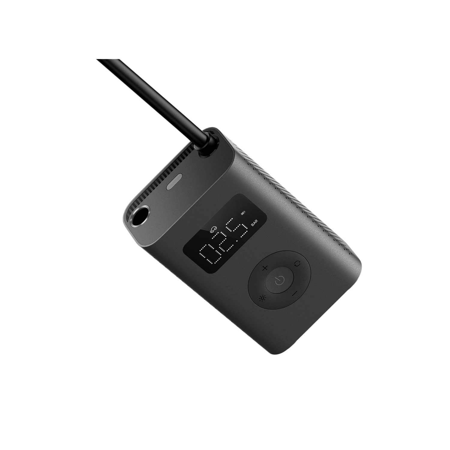 A black, rectangular air pump with a digital display showing 0.25 bar. A black hose is connected to the top.