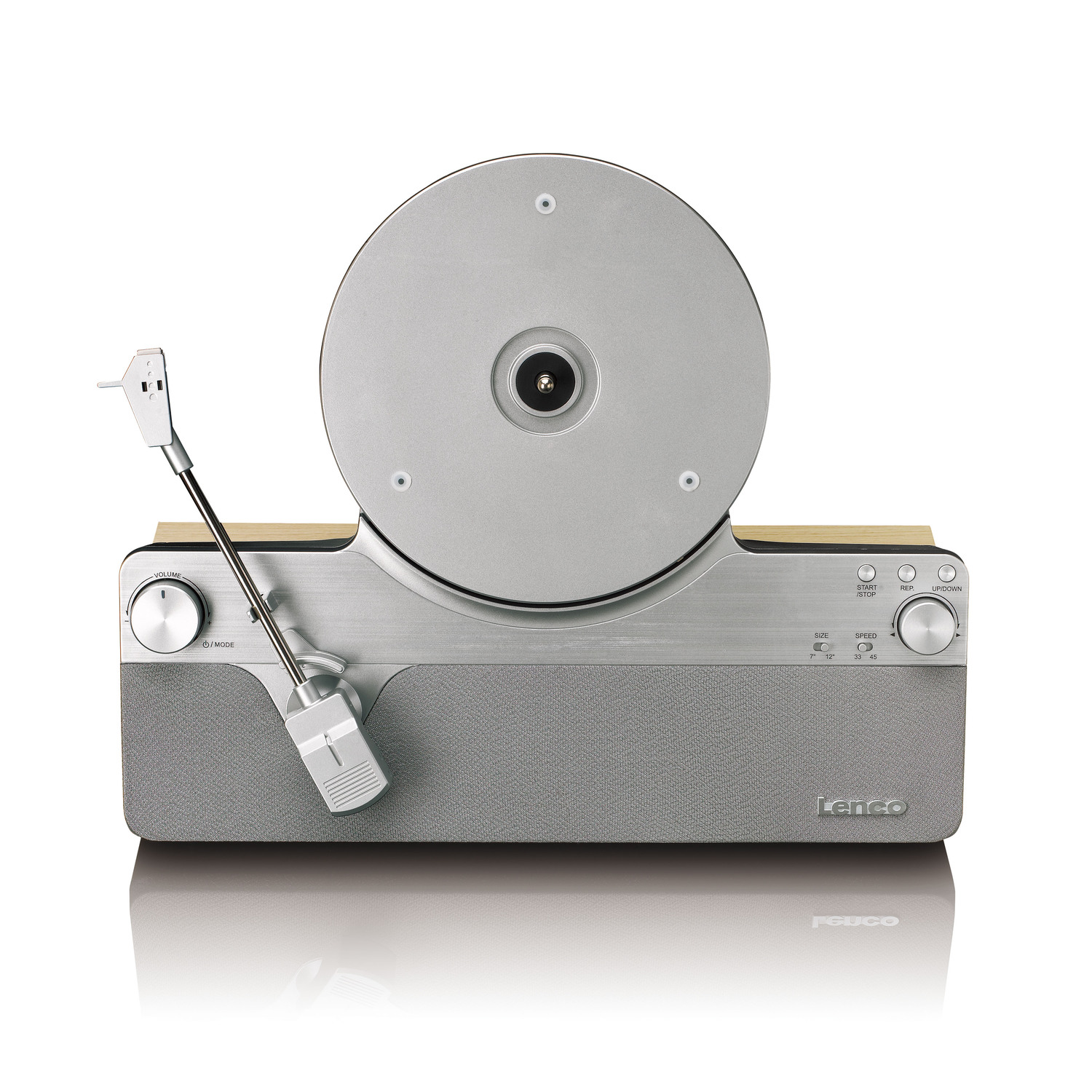 Silver turntable, top view, wood base, gray speaker, Lenco logo.