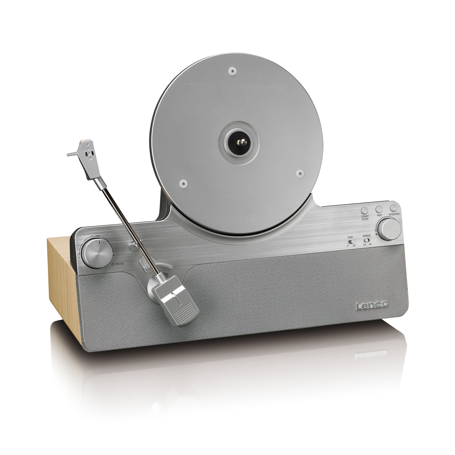 A silver turntable with a wooden base. The turntable has a tonearm, and knobs.