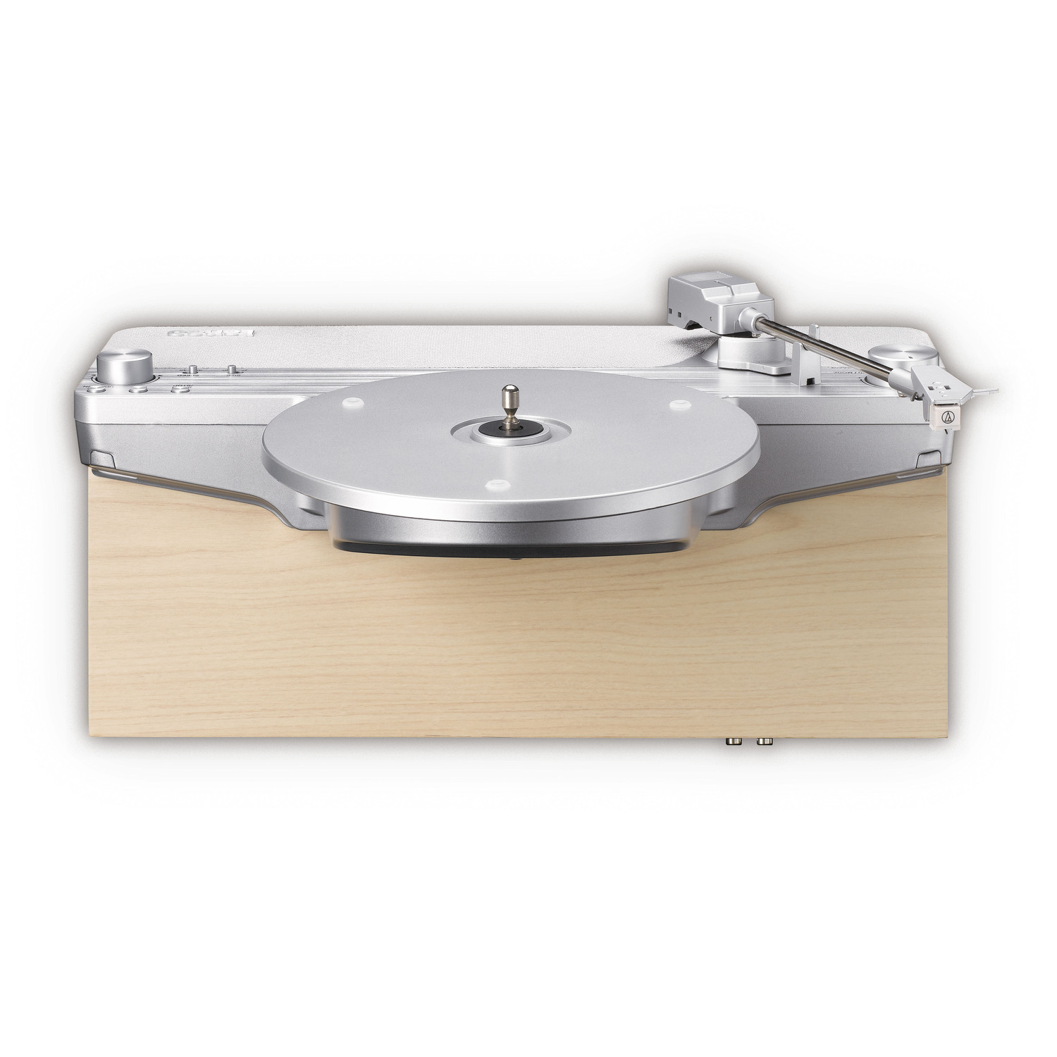 Silver turntable on a wooden base, top view, isolated on white.