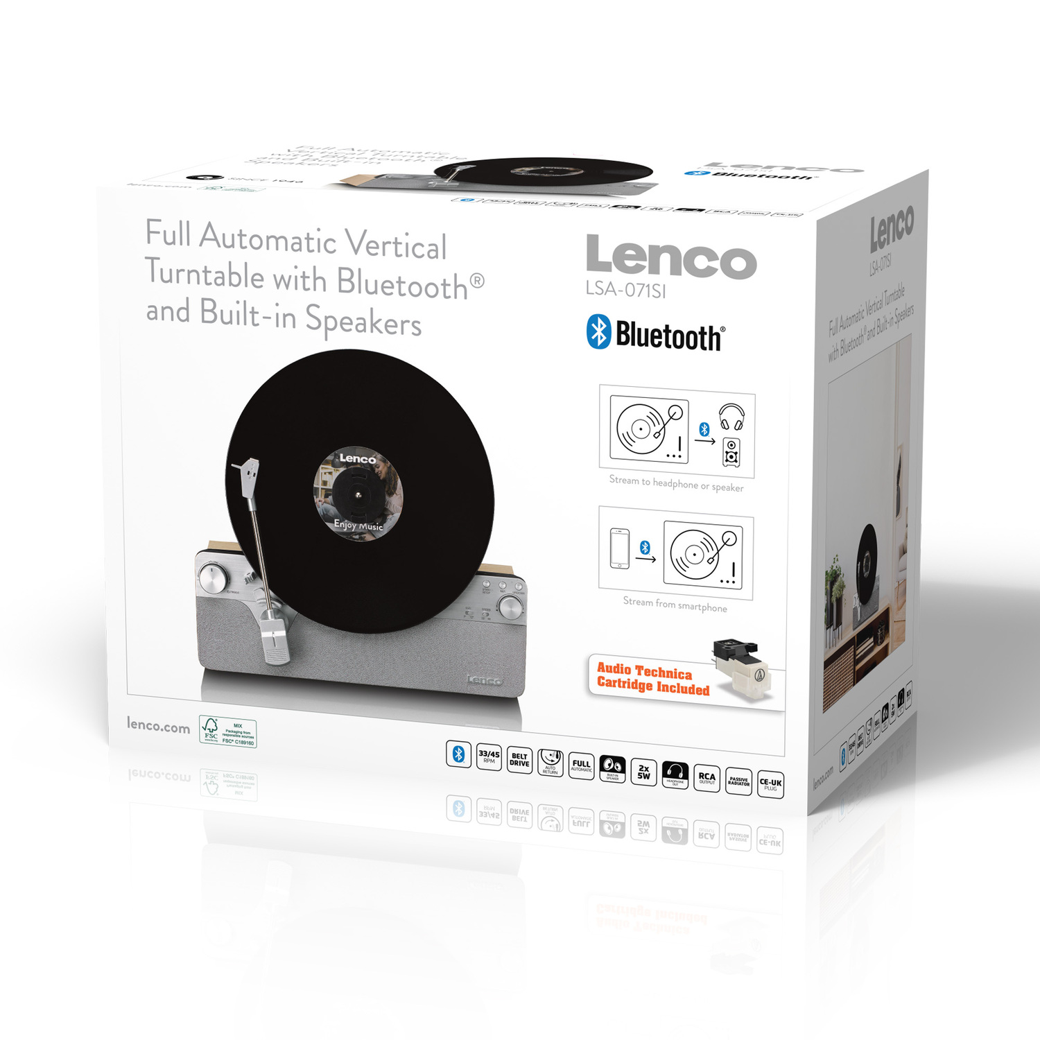 A product box for a vertical turntable with Bluetooth and speakers.