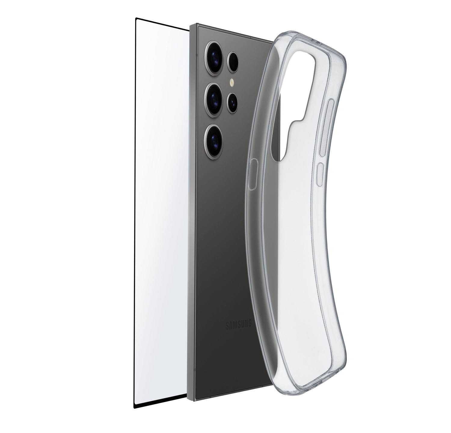 Un teléfono con una funda. El teléfono es negro y tiene cámaras. Hay una funda delante del teléfono.