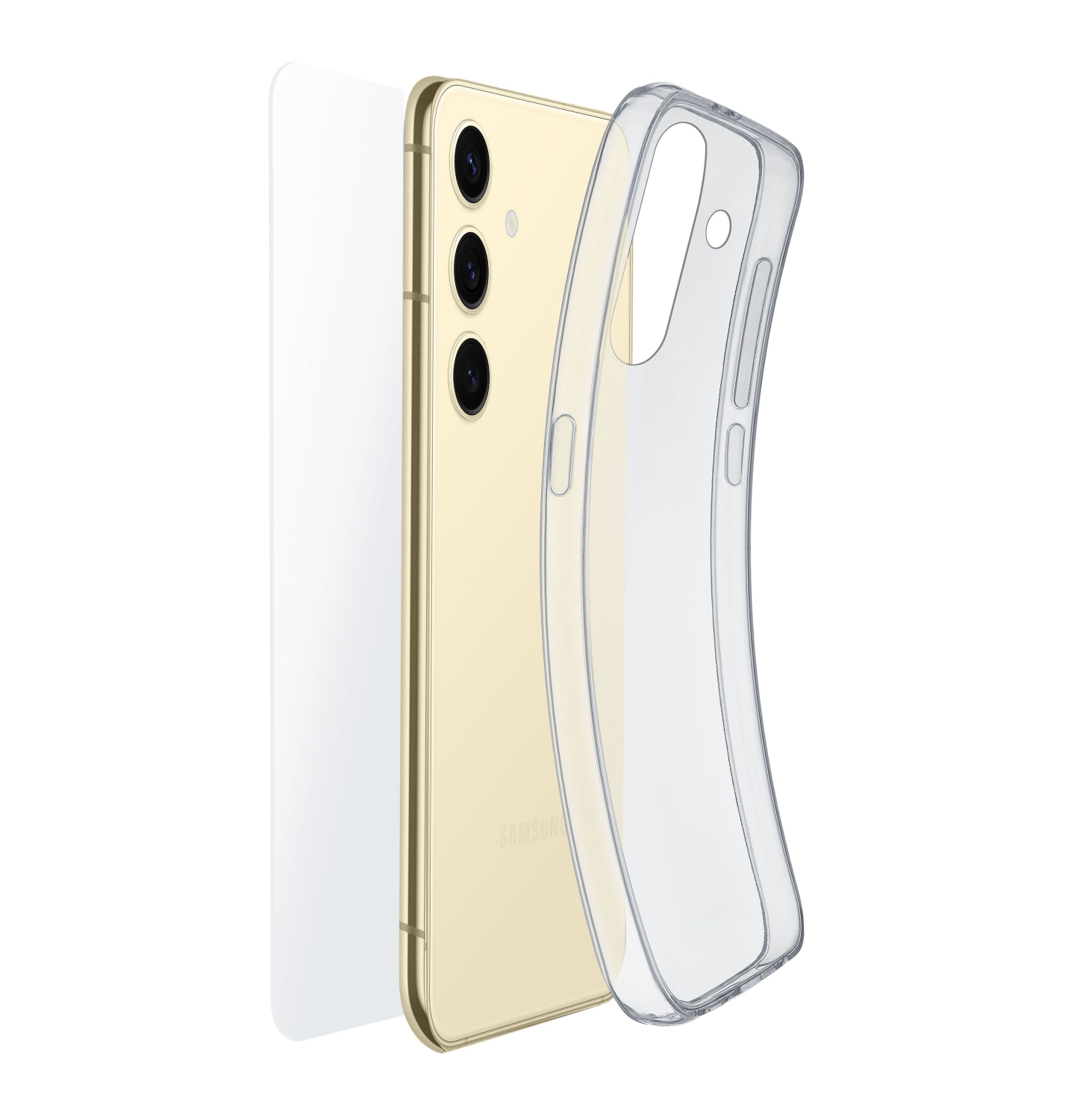 Teléfono dorado con una funda transparente. El teléfono está de lado, la funda está al lado.