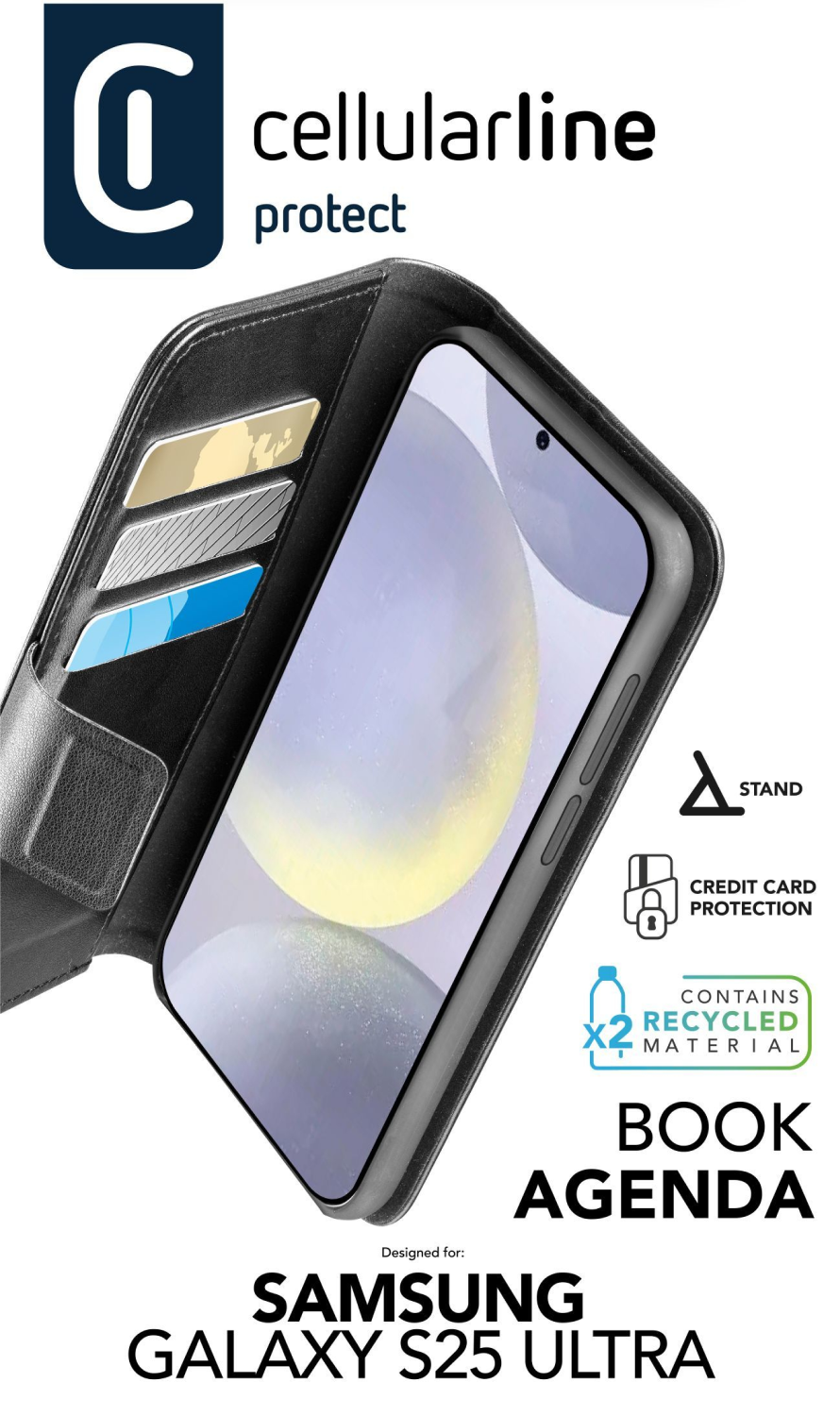 Una funda de teléfono con un teléfono dentro. Con ranuras para tarjetas, diseñada para Samsung S25 Ultra.