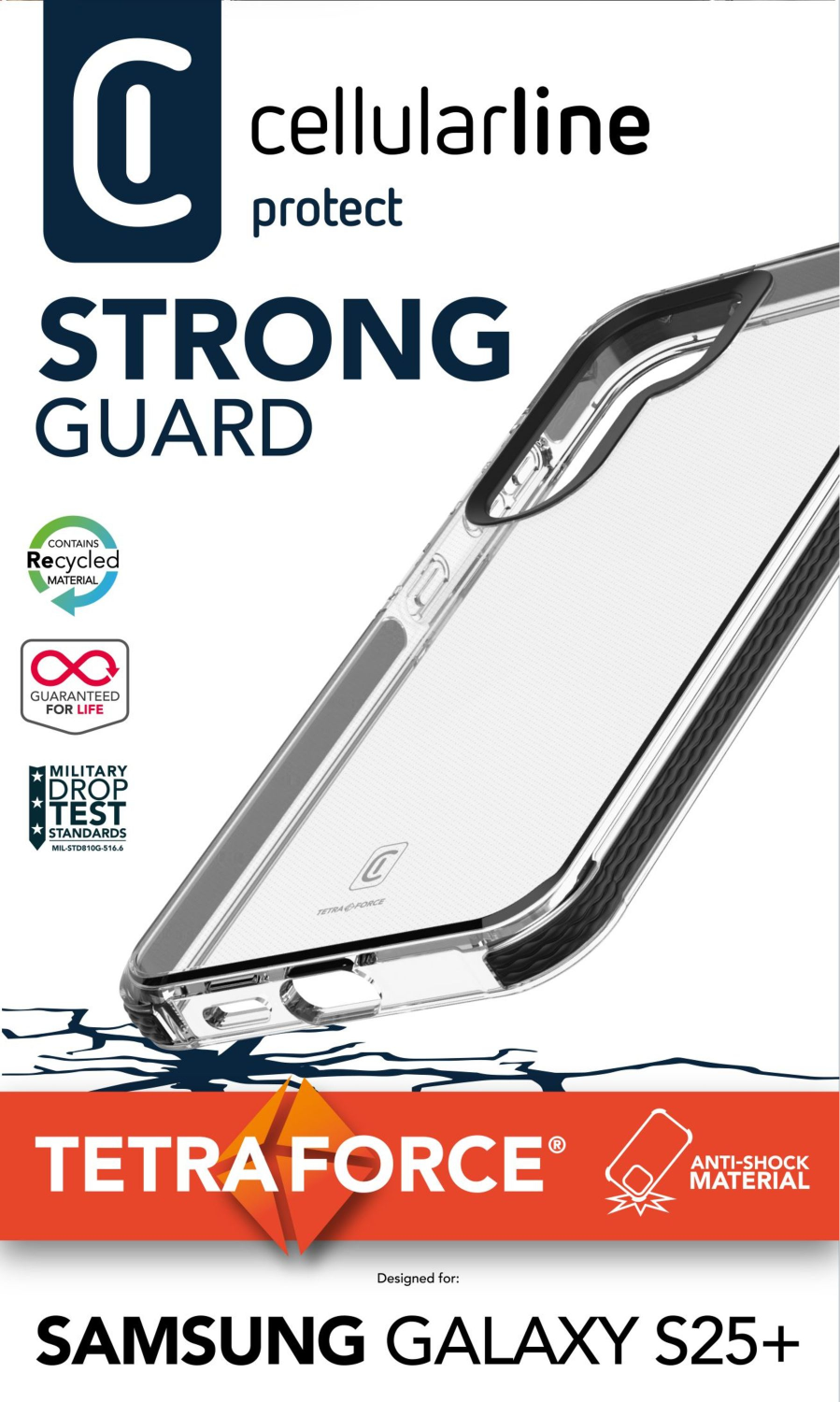 Funda transparente para teléfono con marco negro y las palabras Tetraforce y Strong Guard.