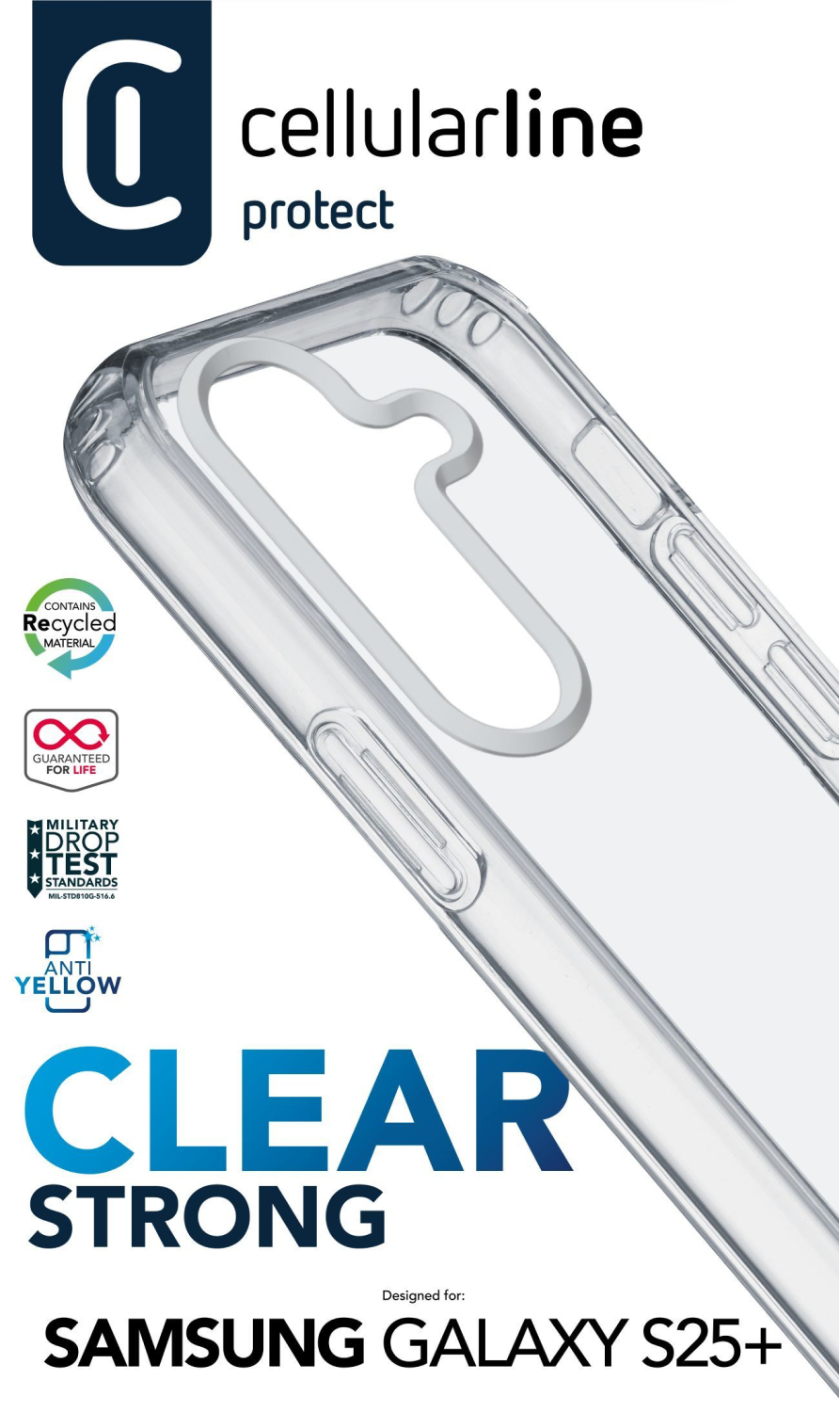Funda transparente para Samsung Galaxy S25+. Características: material reciclado, estándares de prueba de caída, anti-amarilleo.
