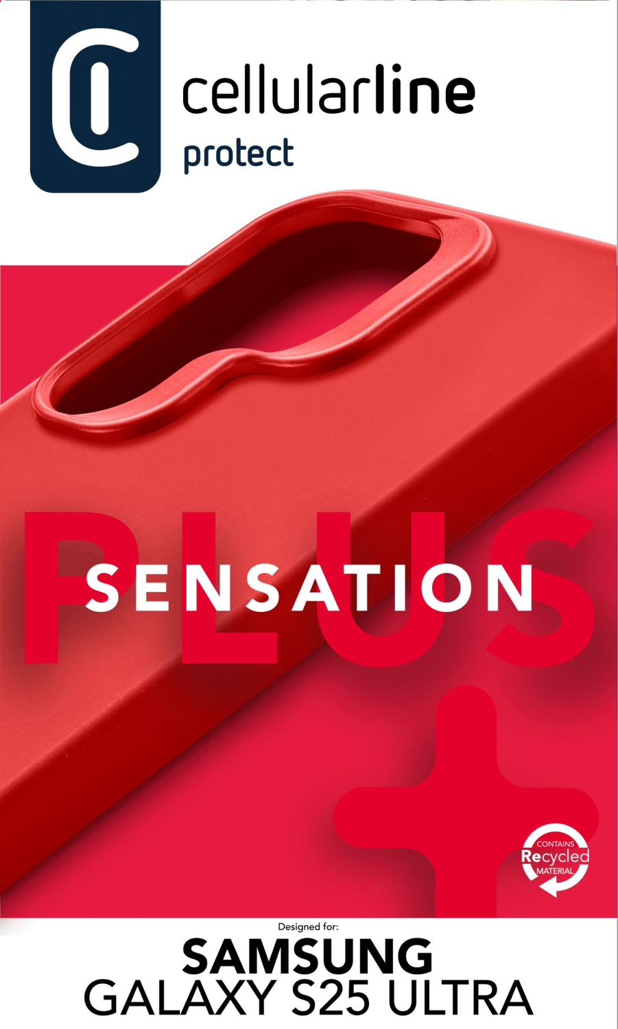 Funda roja para teléfono con texto 'SENSATION PLUS' y texto Samsung Galaxy S25 Ultra.