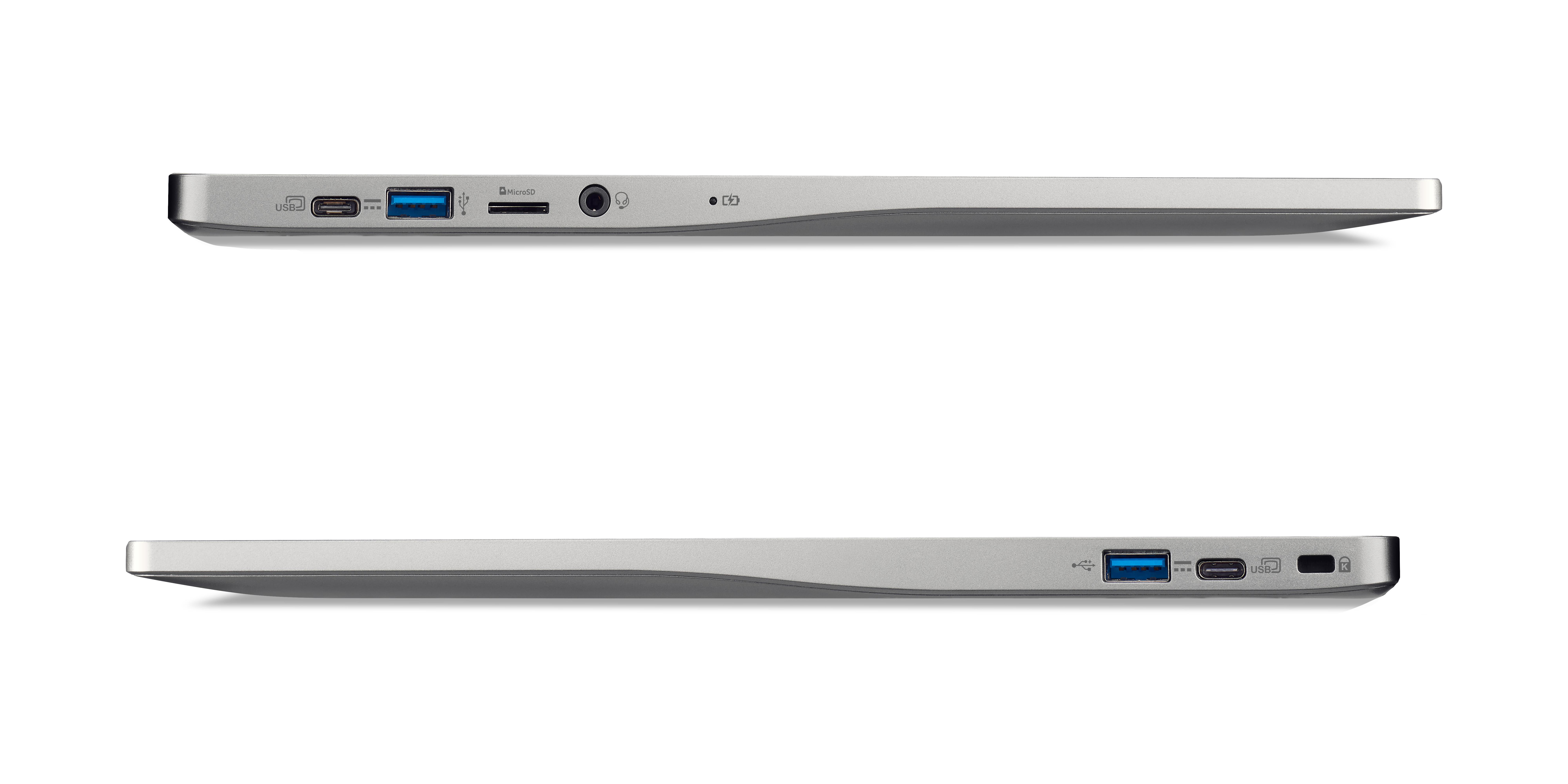 Seiten eines Laptops mit Anschlüssen, vor weißem Hintergrund. Eine Seite hat USB- und Audioanschlüsse.