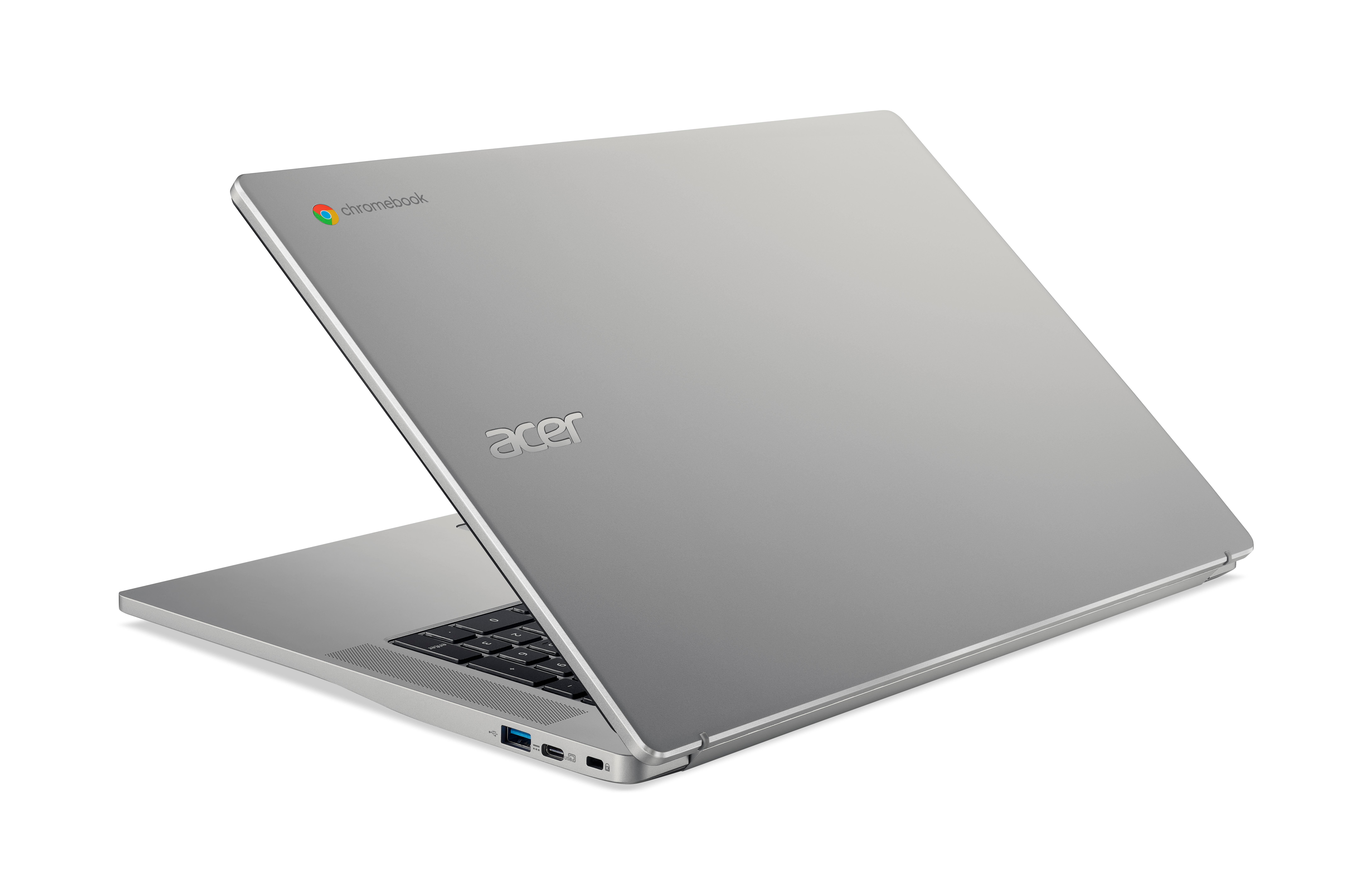 Ein silberner Laptop mit dem Acer-Logo auf der Rückseite, nach oben abgewinkelt.