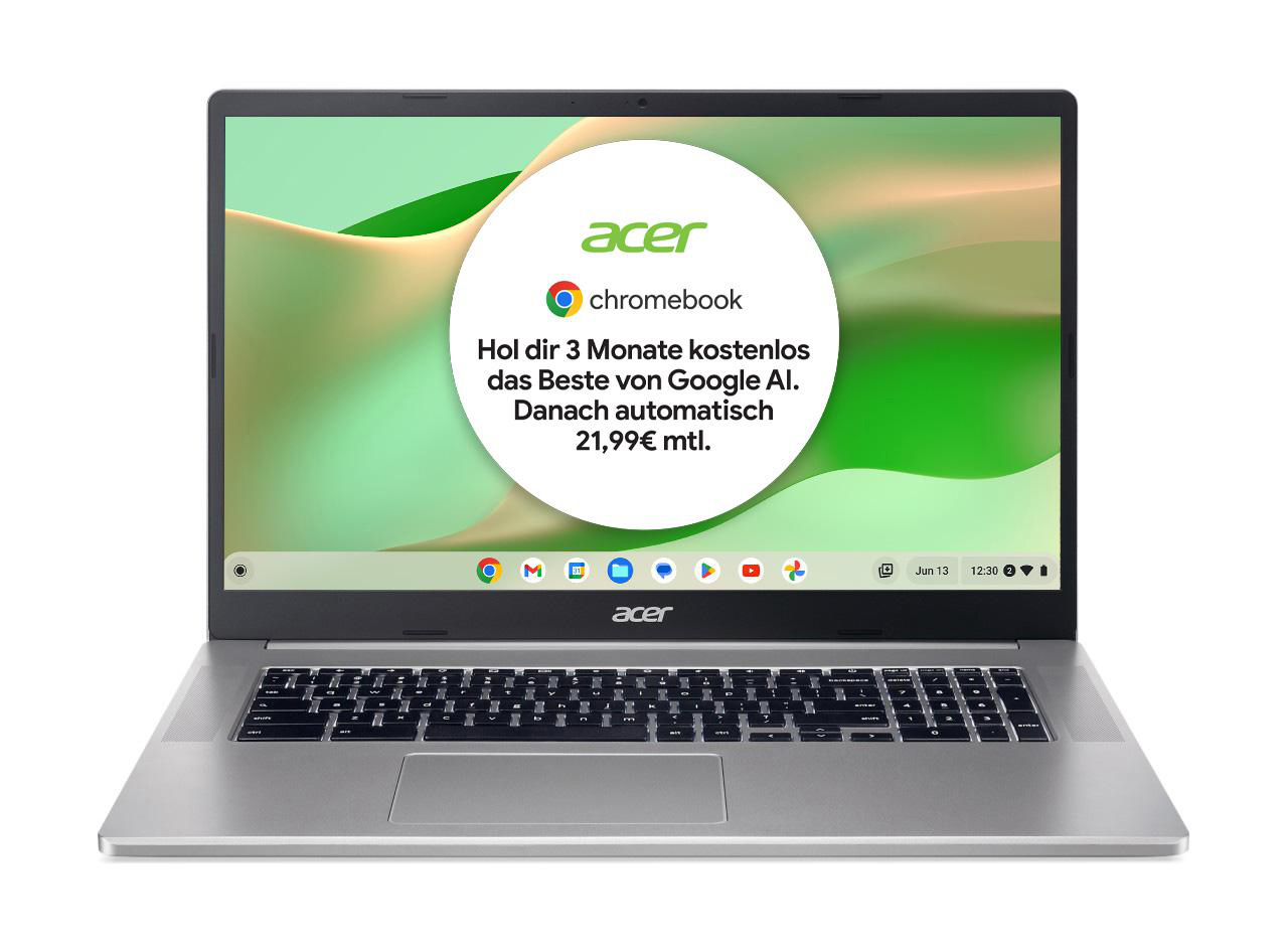 Ein silbernes Acer Chromebook Laptop. Der Bildschirm zeigt eine Website mit dem Acer- und Chrome-Logo.