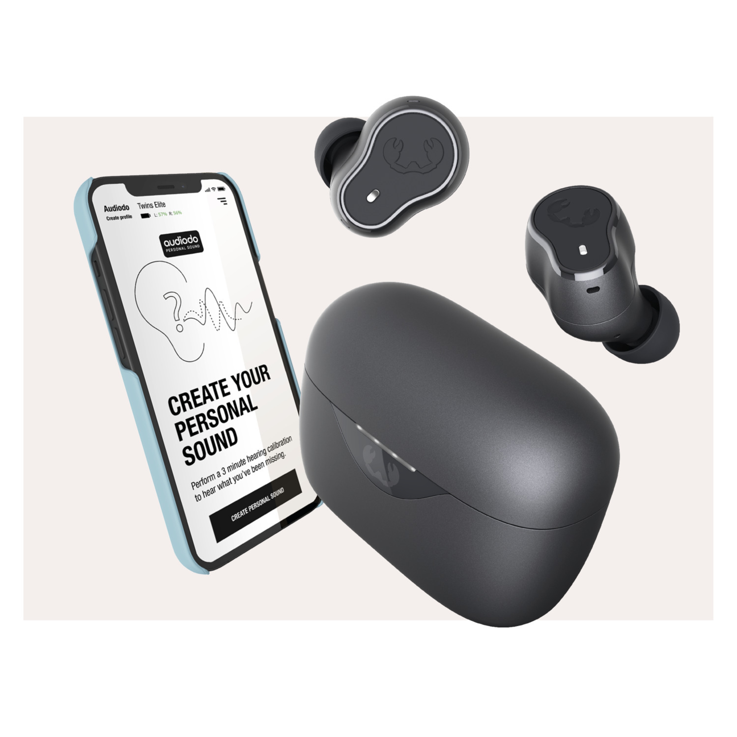 Oordopjes, oplaadcase, smartphone, app met geluidsgolf.