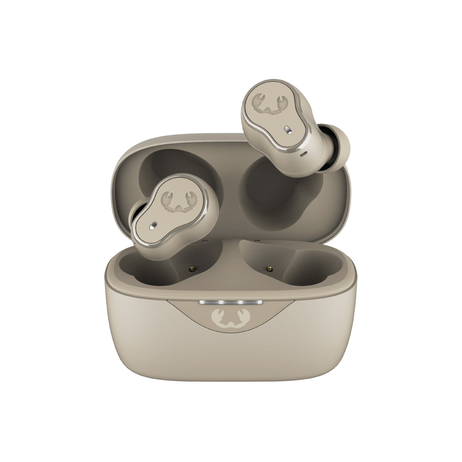 Oordopjes in oplaadcase. Beige case en oordopjes met logo.
