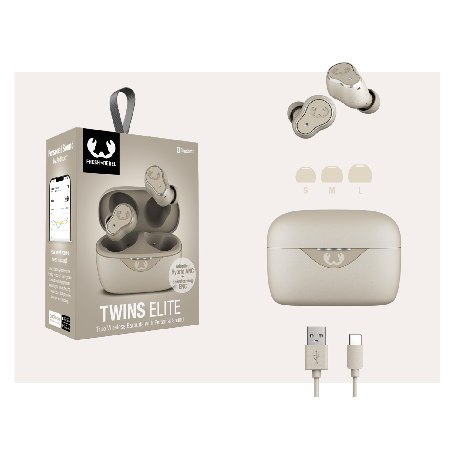 Een productdoos met oordopjes, een oplaadcase en oplaadkabels.