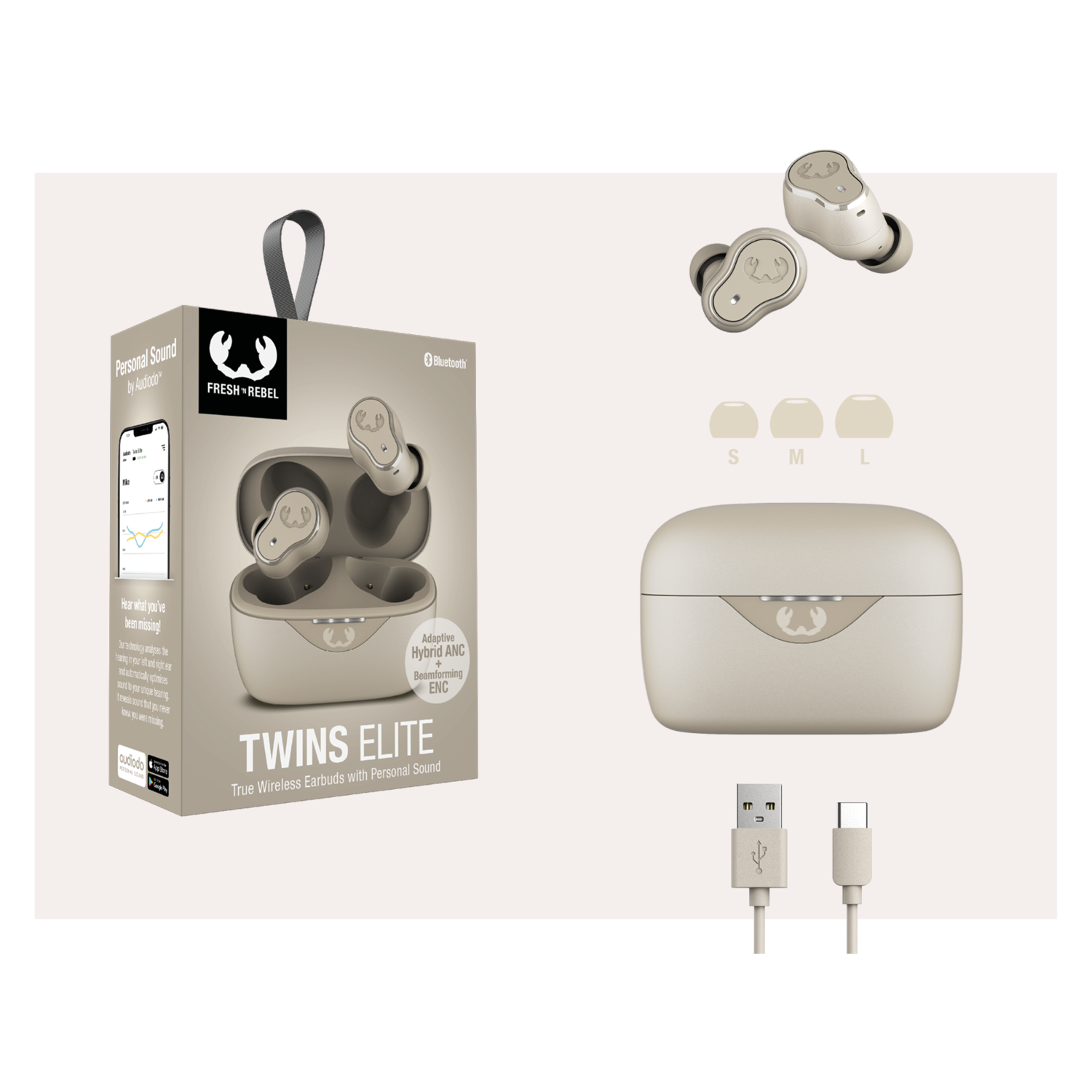 Beige oortelefoons, hoes, oplaadkabels en doos met productdetails en accessoires.