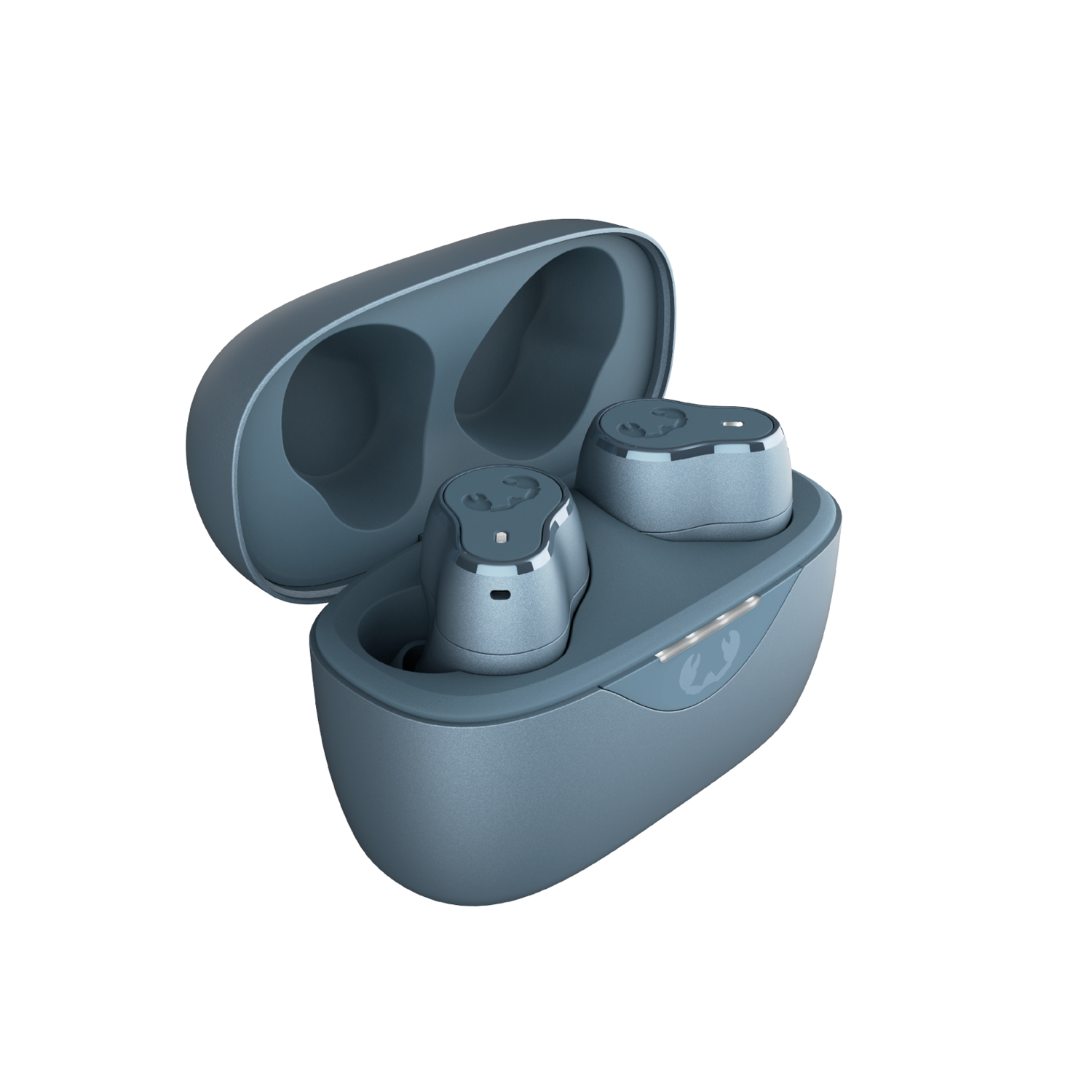 Blue earbuds inside a blue charging case, black background.