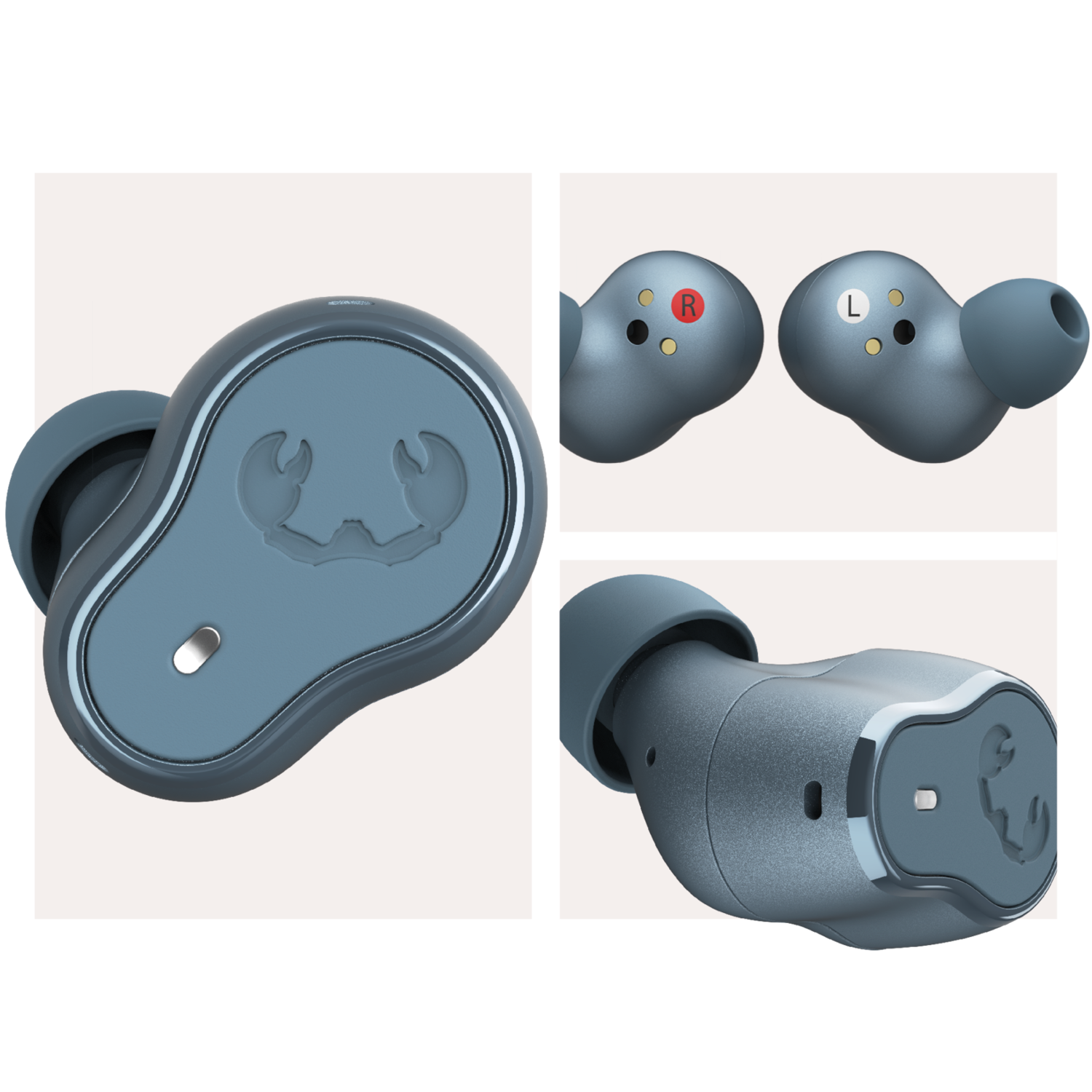 Close-up of earbuds in various views, showing details.