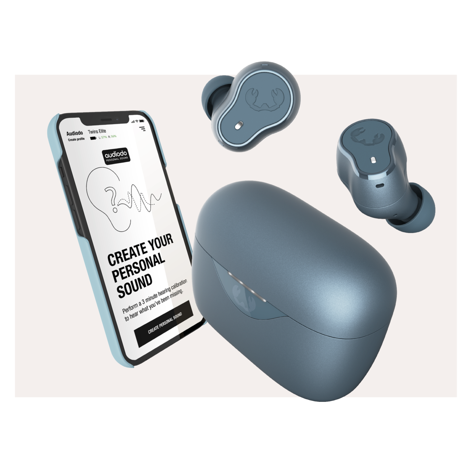 A mobile phone, a charging case, and two earbuds are displayed on a white background.