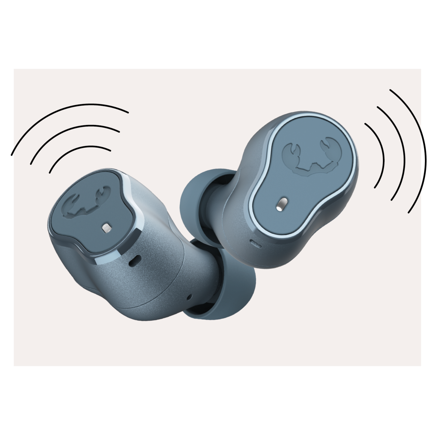 Two earbuds with a crab logo, emitting sound waves.