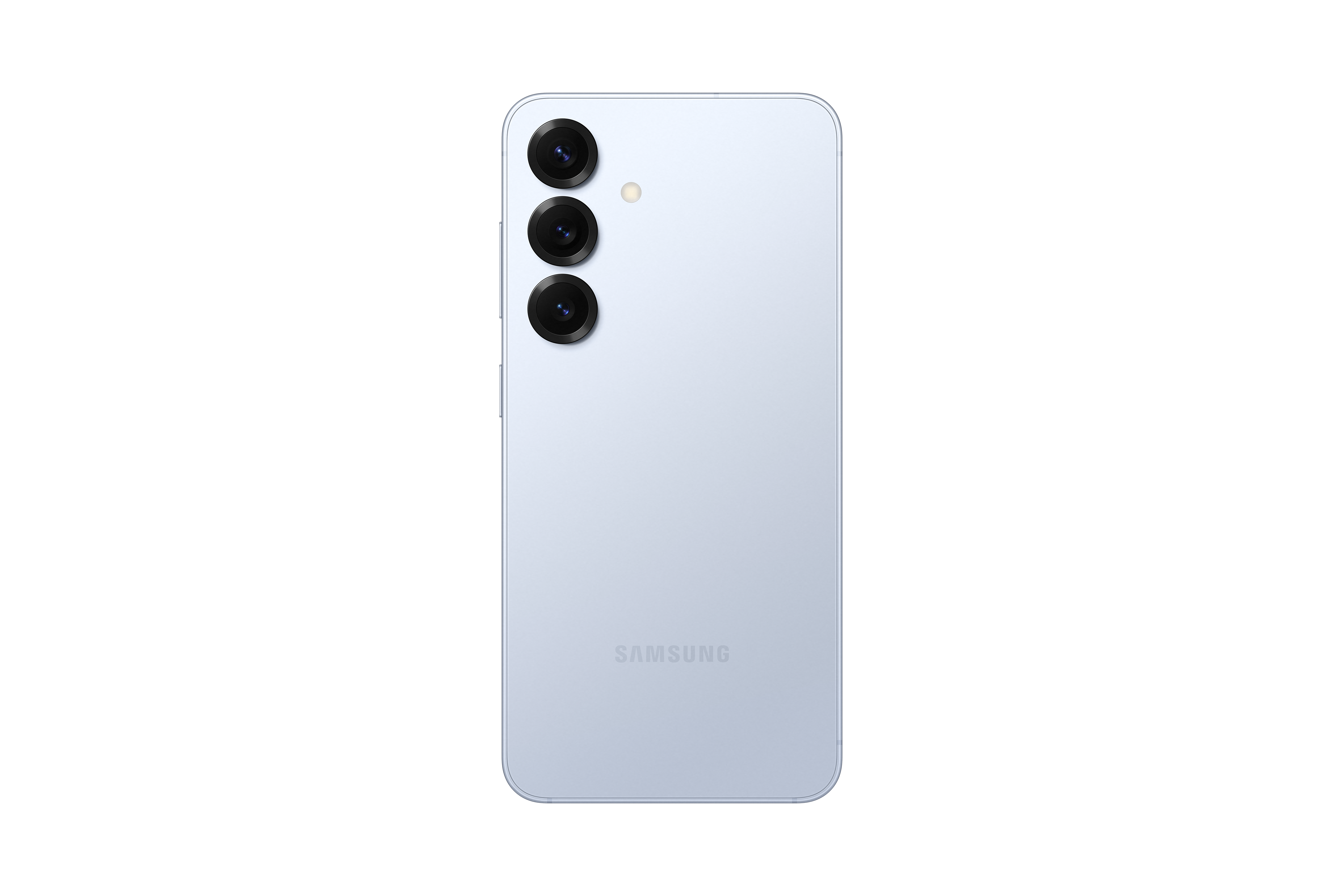 Rückseite eines hellblauen Telefons mit drei Kameras und einem Samsung-Logo.