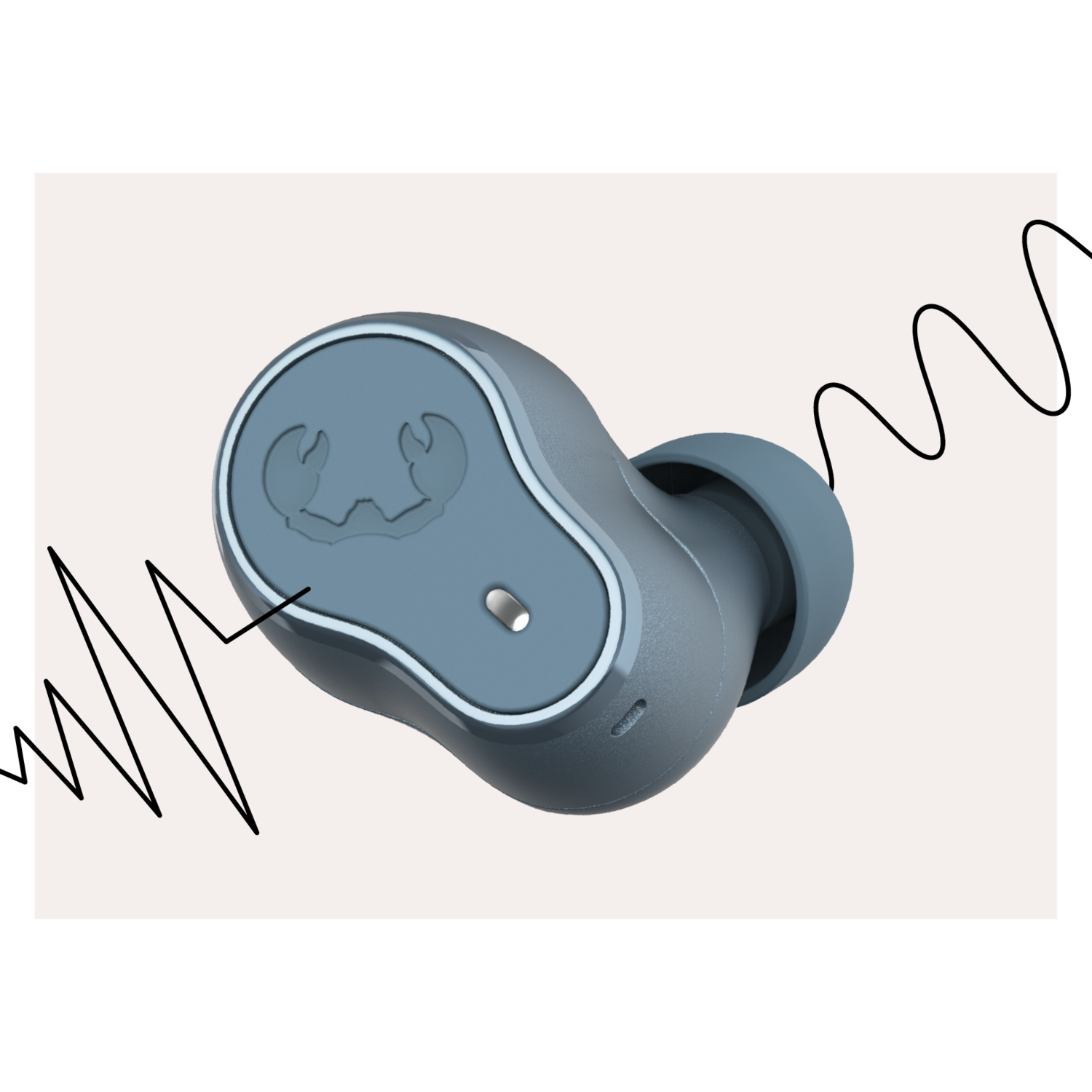 Gray earbud with sound waves coming from it.