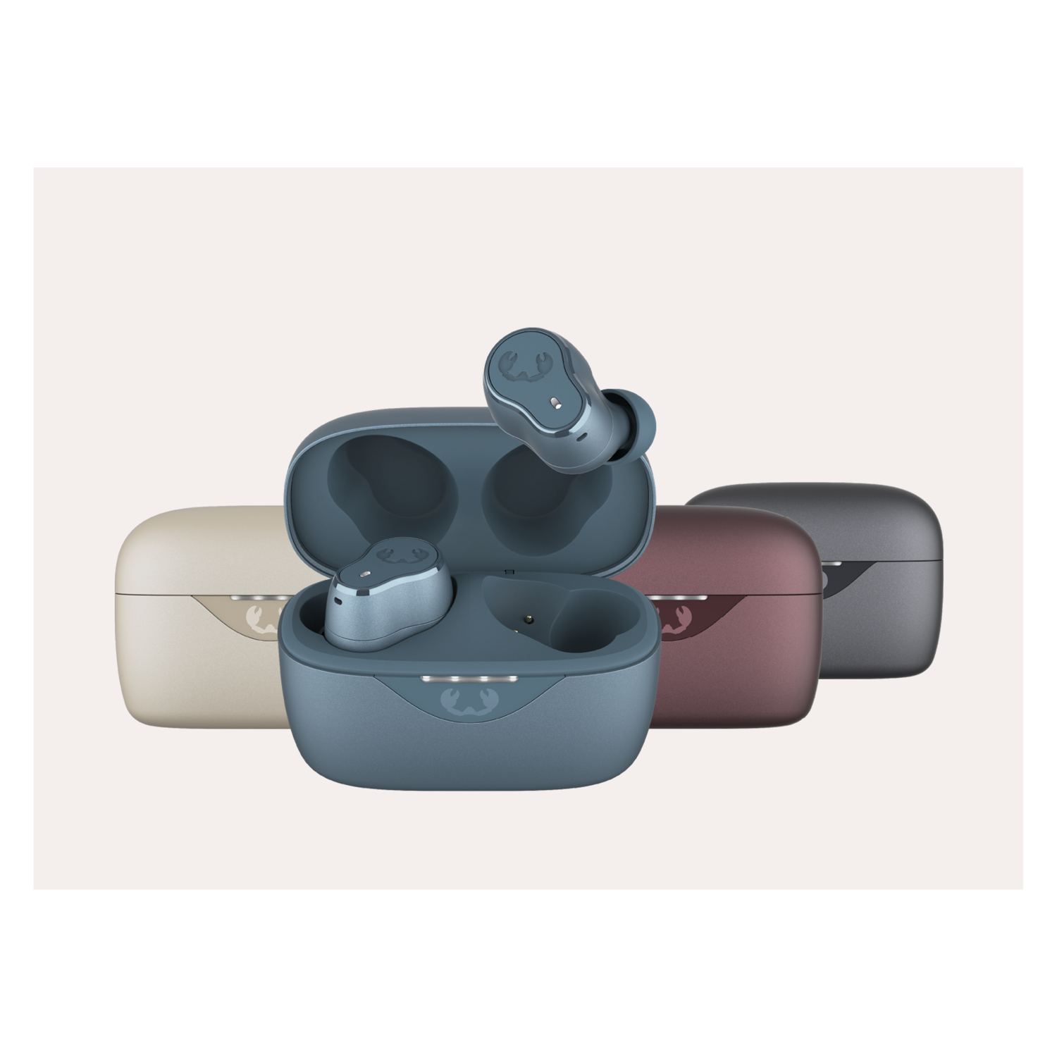 Three earbuds in a case and a beige case on a light background.
