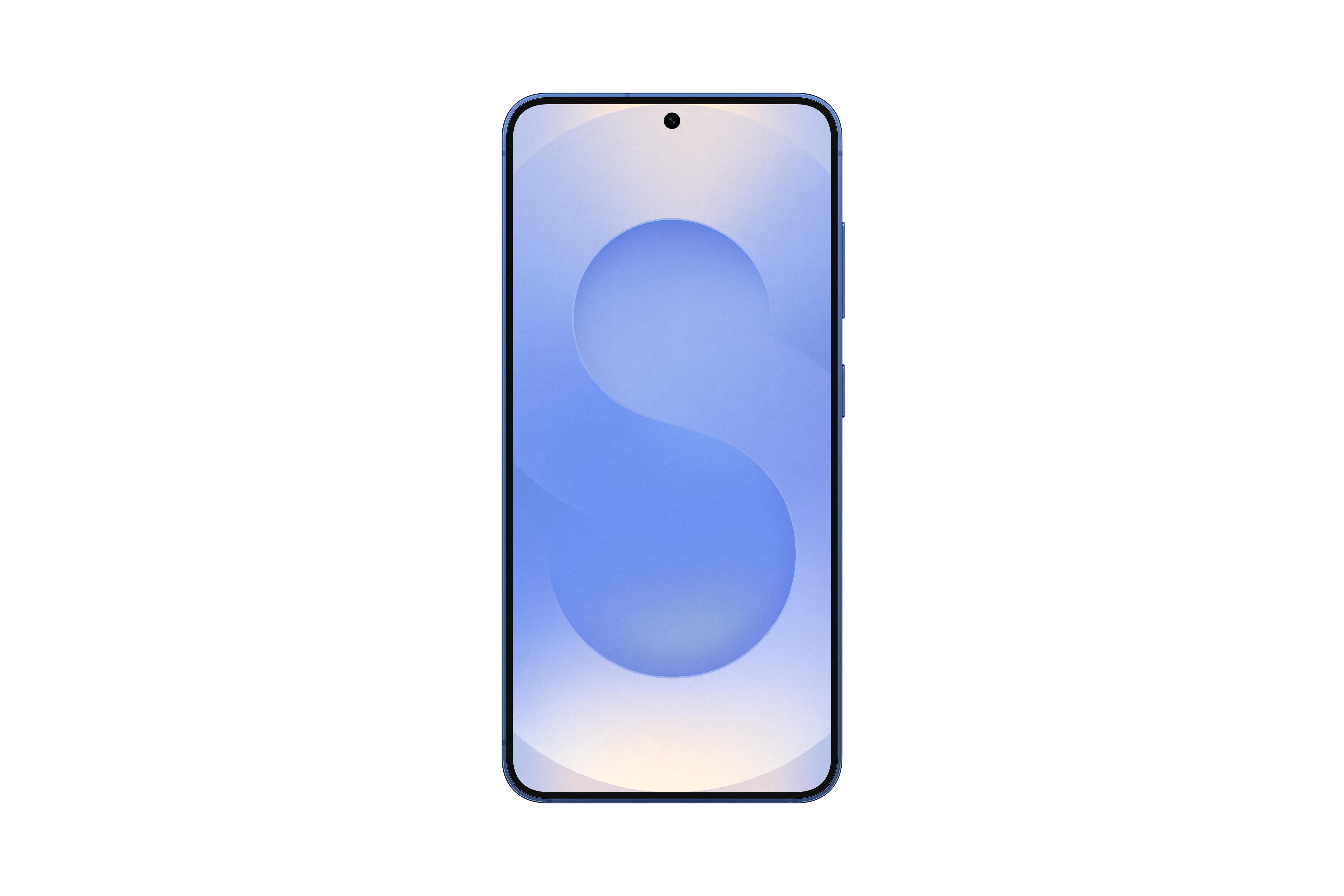 Ein blaues Smartphone vor schwarzem Hintergrund. Der Bildschirm zeigt ein blaues Design.