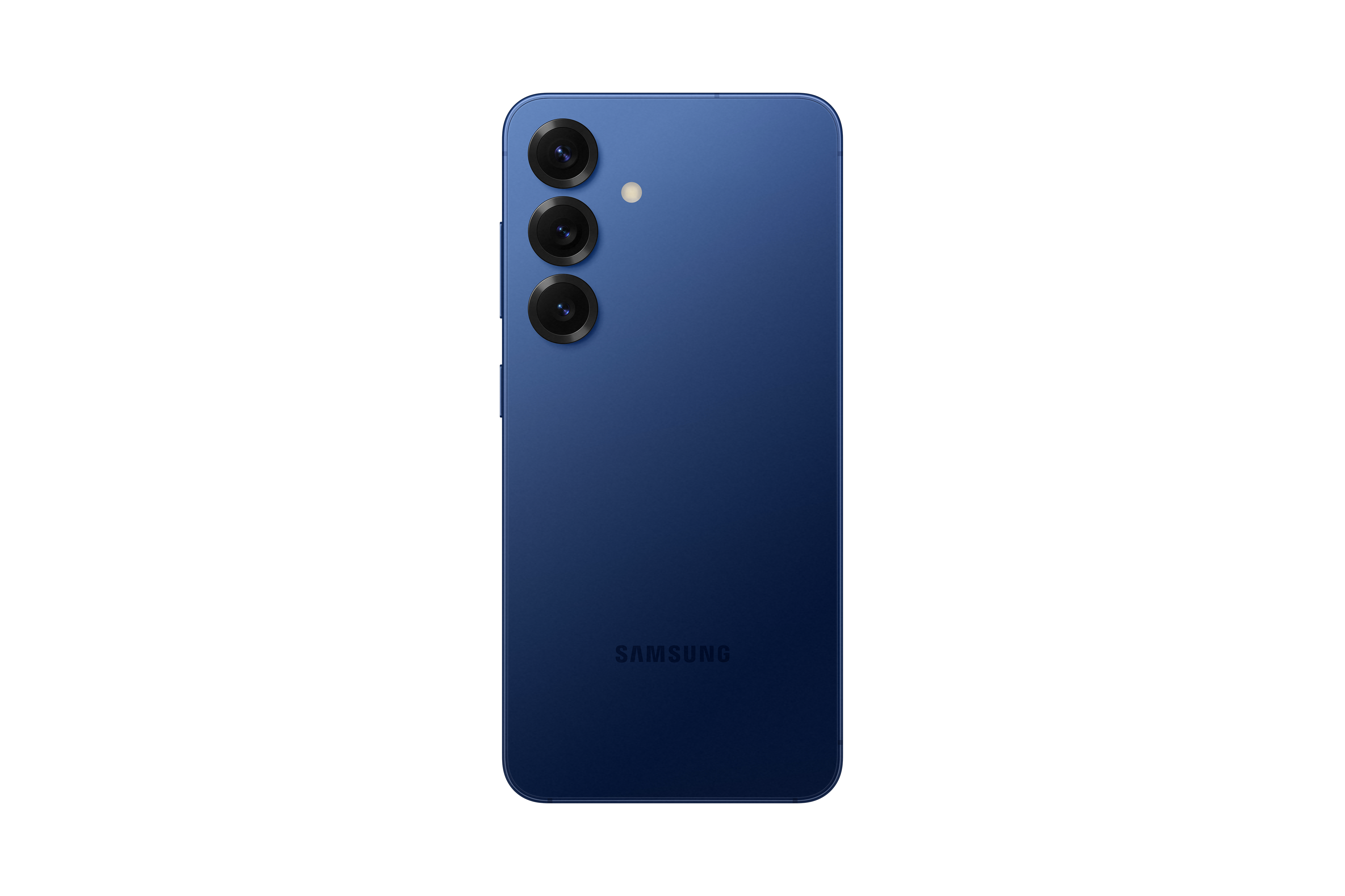 Blaue Telefonrückseite mit drei Kameras und Samsung-Logo, schwarzer Hintergrund.