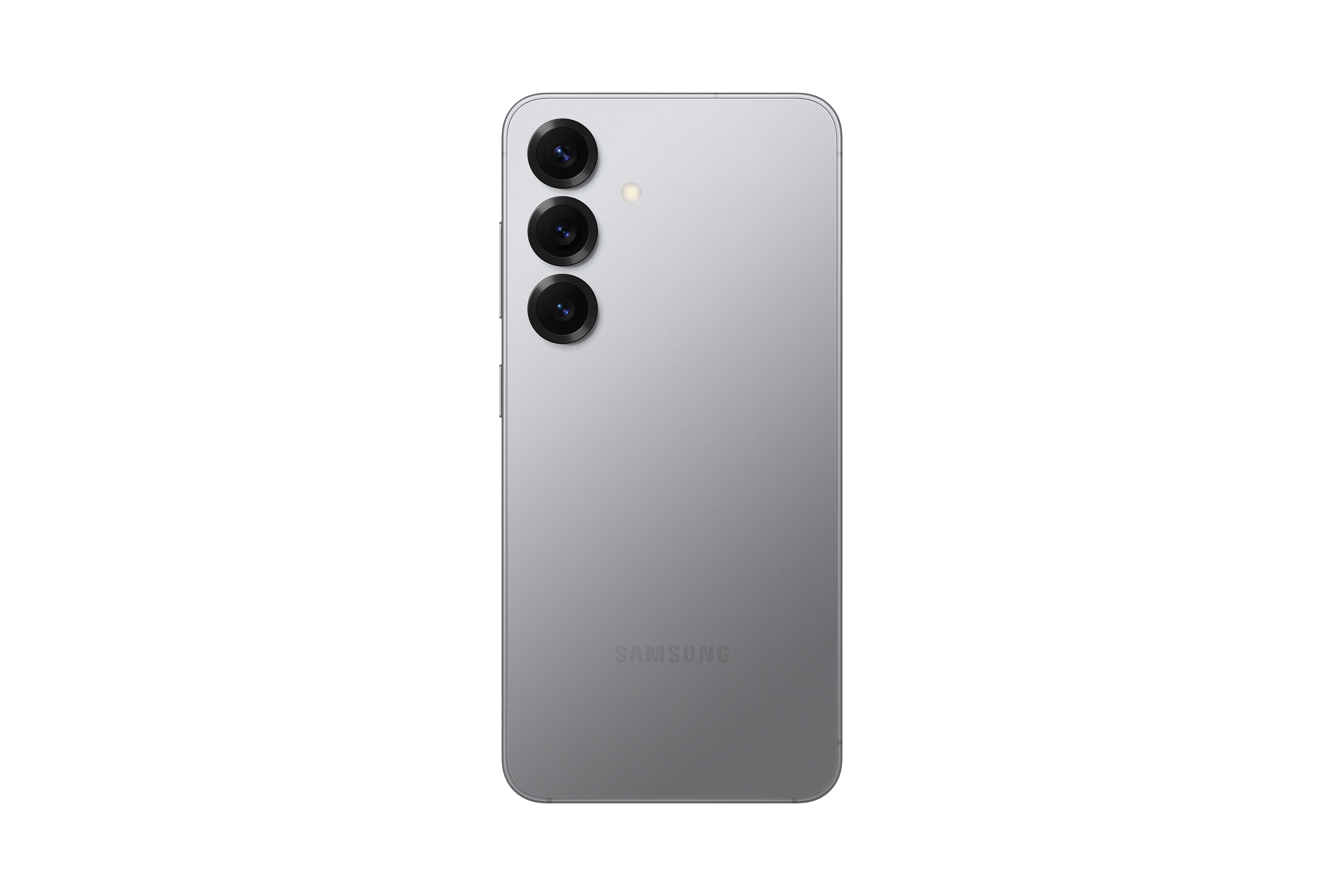 Silberne Telefonrückseite mit drei Kameras und Samsung-Logo. Schwarzer Hintergrund.