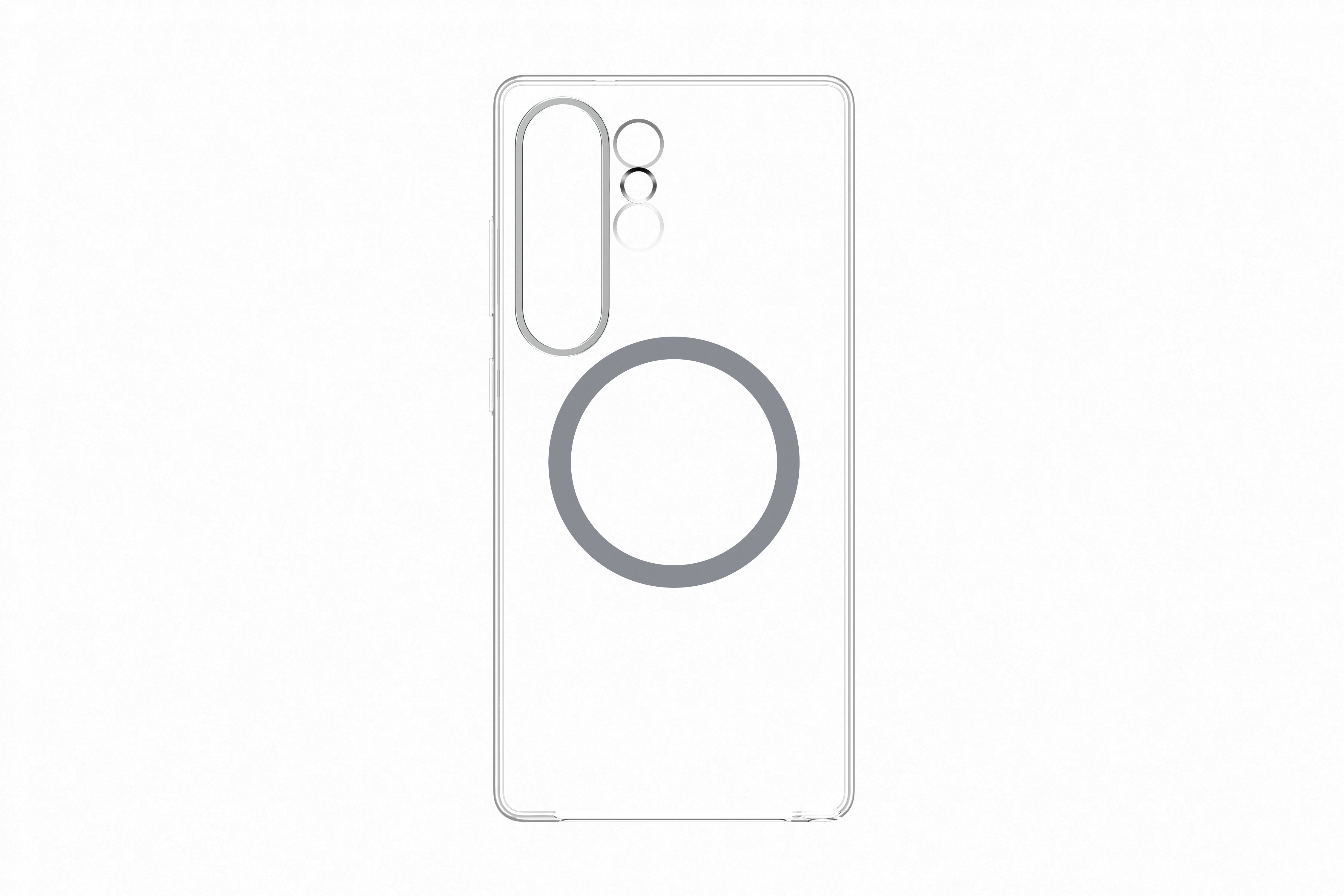 Eine transparente Handyhülle mit Kameraausschnitt und grauem kreisförmigen Design auf weißem Hintergrund.