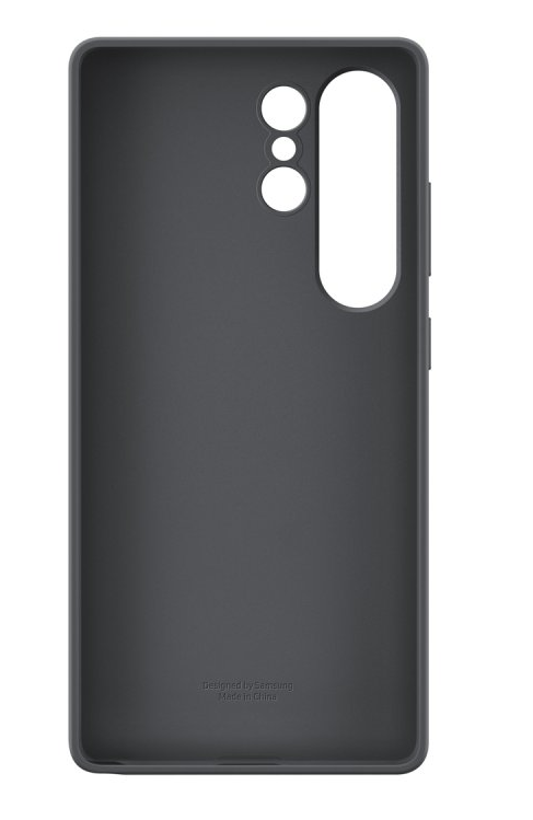 Eine dunkelgraue Handyhülle. Die Rückseite hat Kameralöcher und das Samsung-Logo.