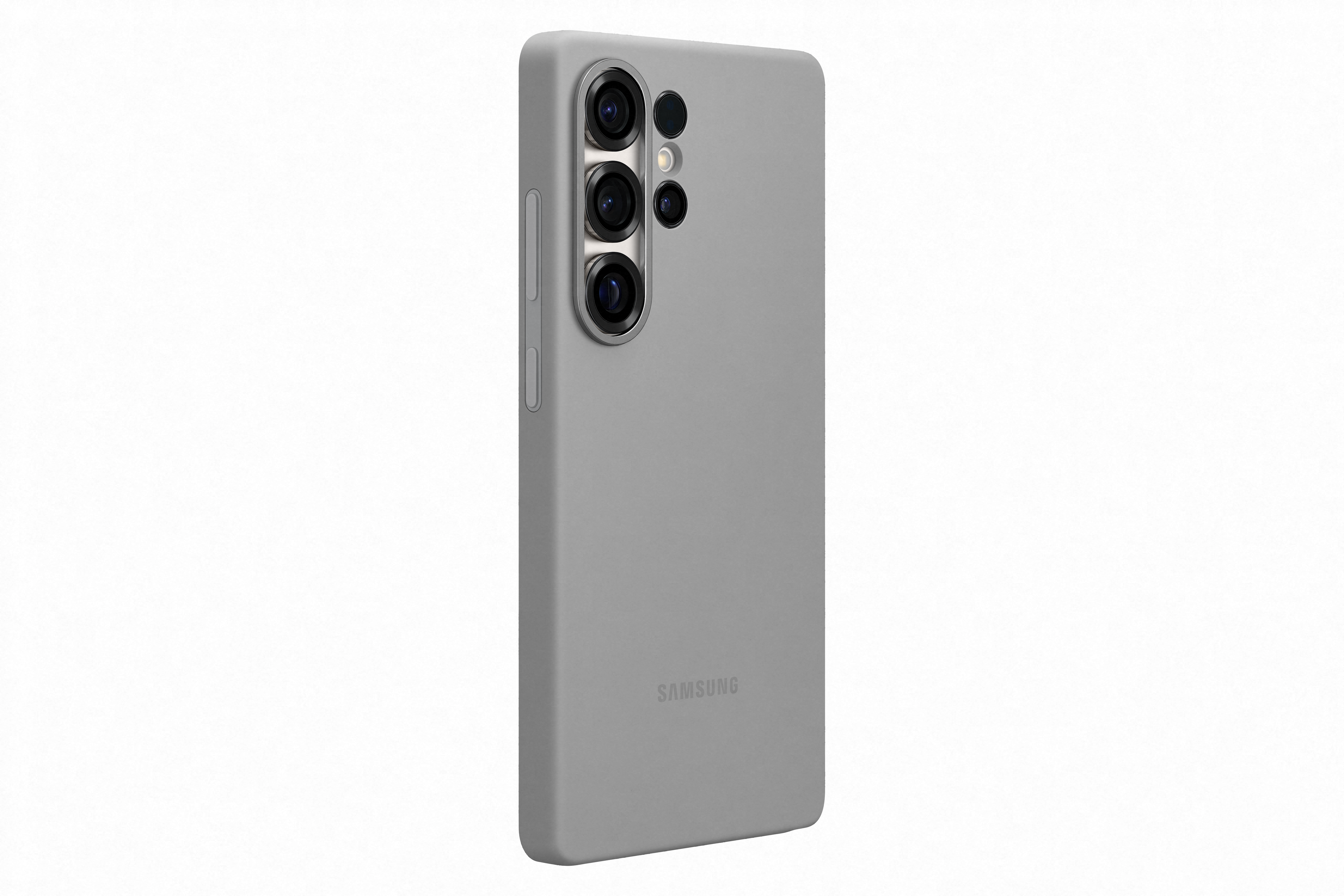 Graue Handyhülle mit drei Kameras. Zeigt das Samsung-Logo. Weißer Hintergrund.