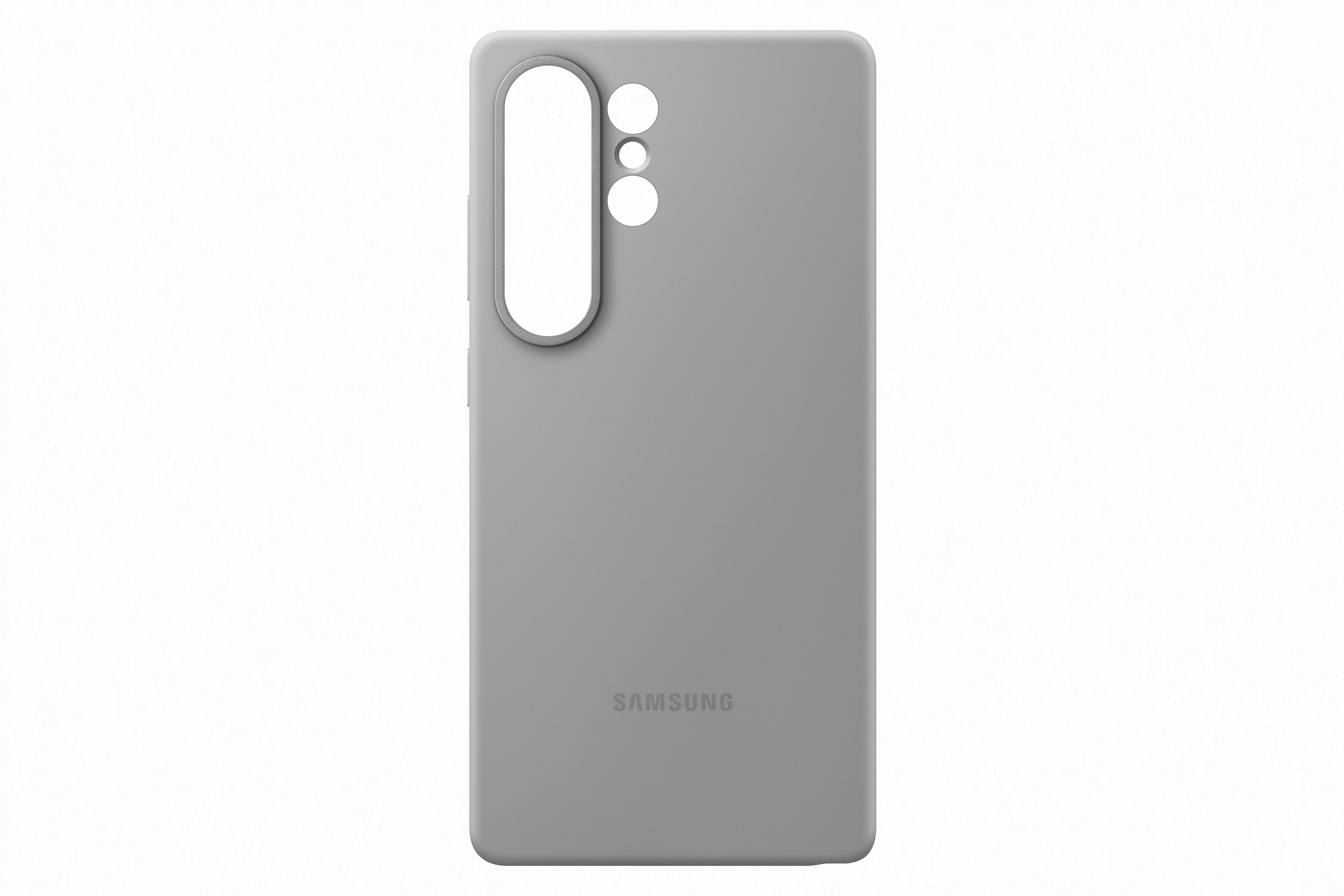 Eine hellgraue Handyhülle mit großem Ausschnitt für Kamera und Blitz, das Samsung-Logo ist sichtbar.