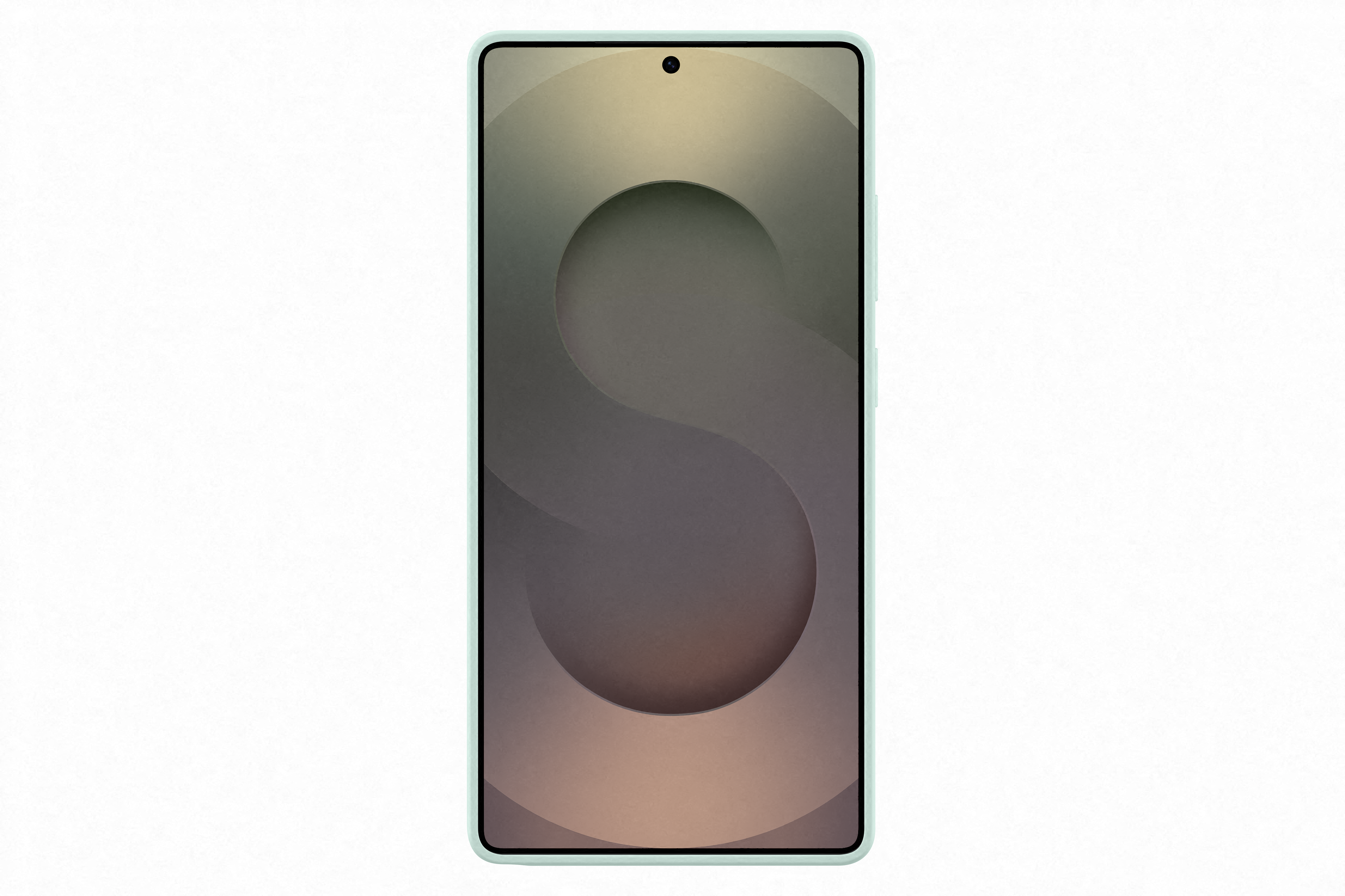 Ein Smartphone mit hellgrünem Rahmen und einem geschichteten abstrakten Hintergrund. Weißer Hintergrund.