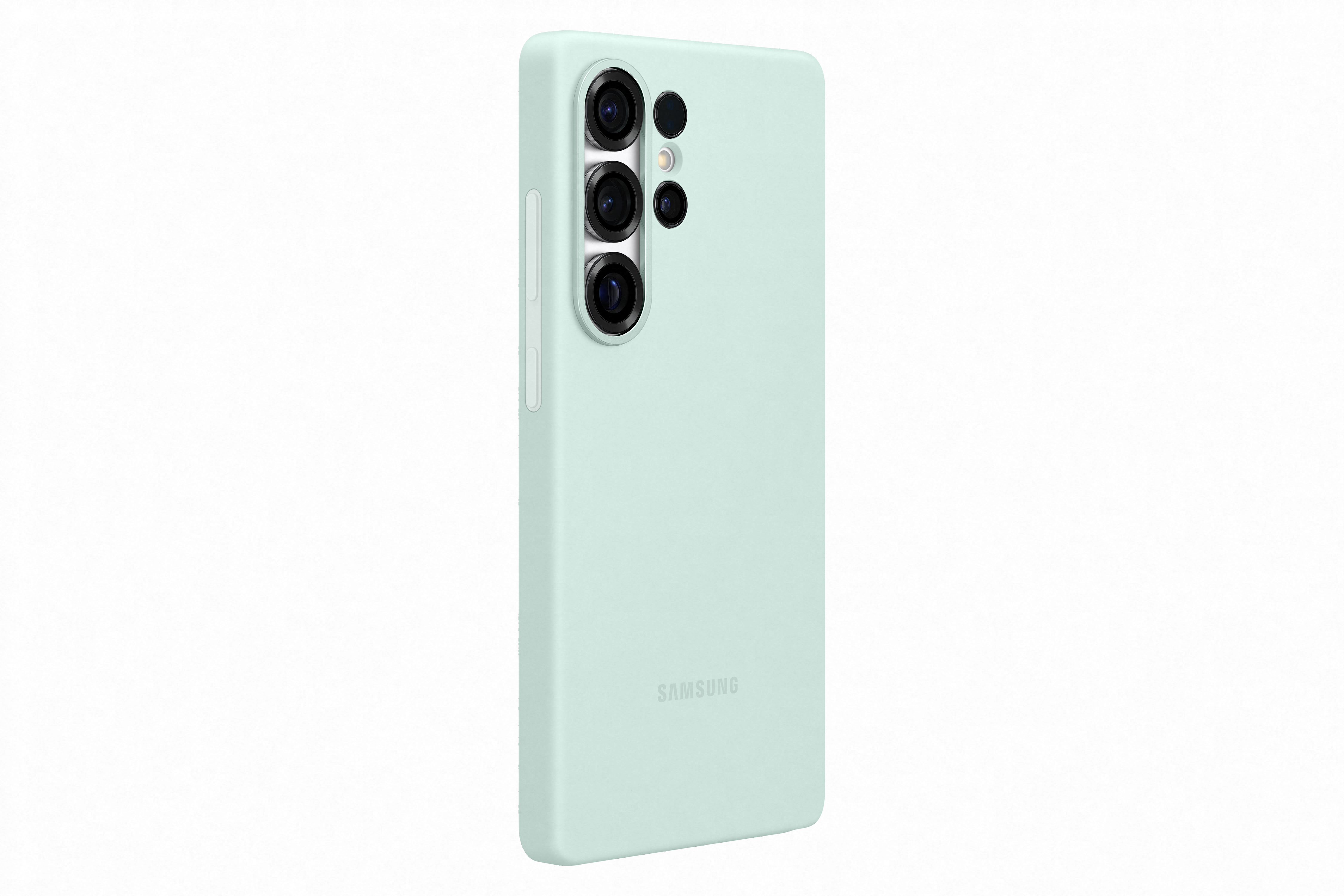 Hellgrüne Handyhülle mit drei Kameras und dem Samsung-Logo.