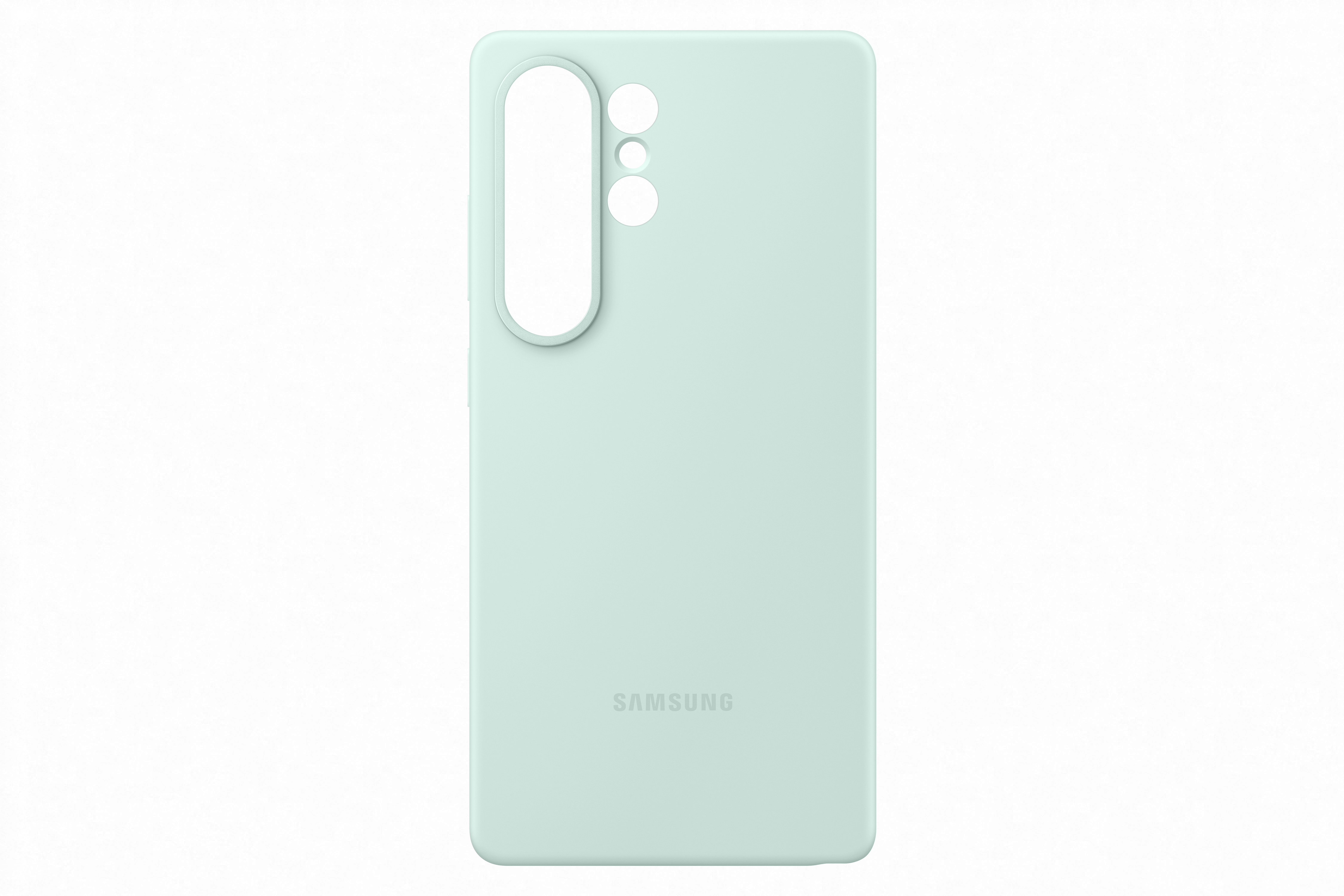 Hellgrüne Handyhülle mit Kameraausschnitt und Samsung-Logo auf weißem Hintergrund.