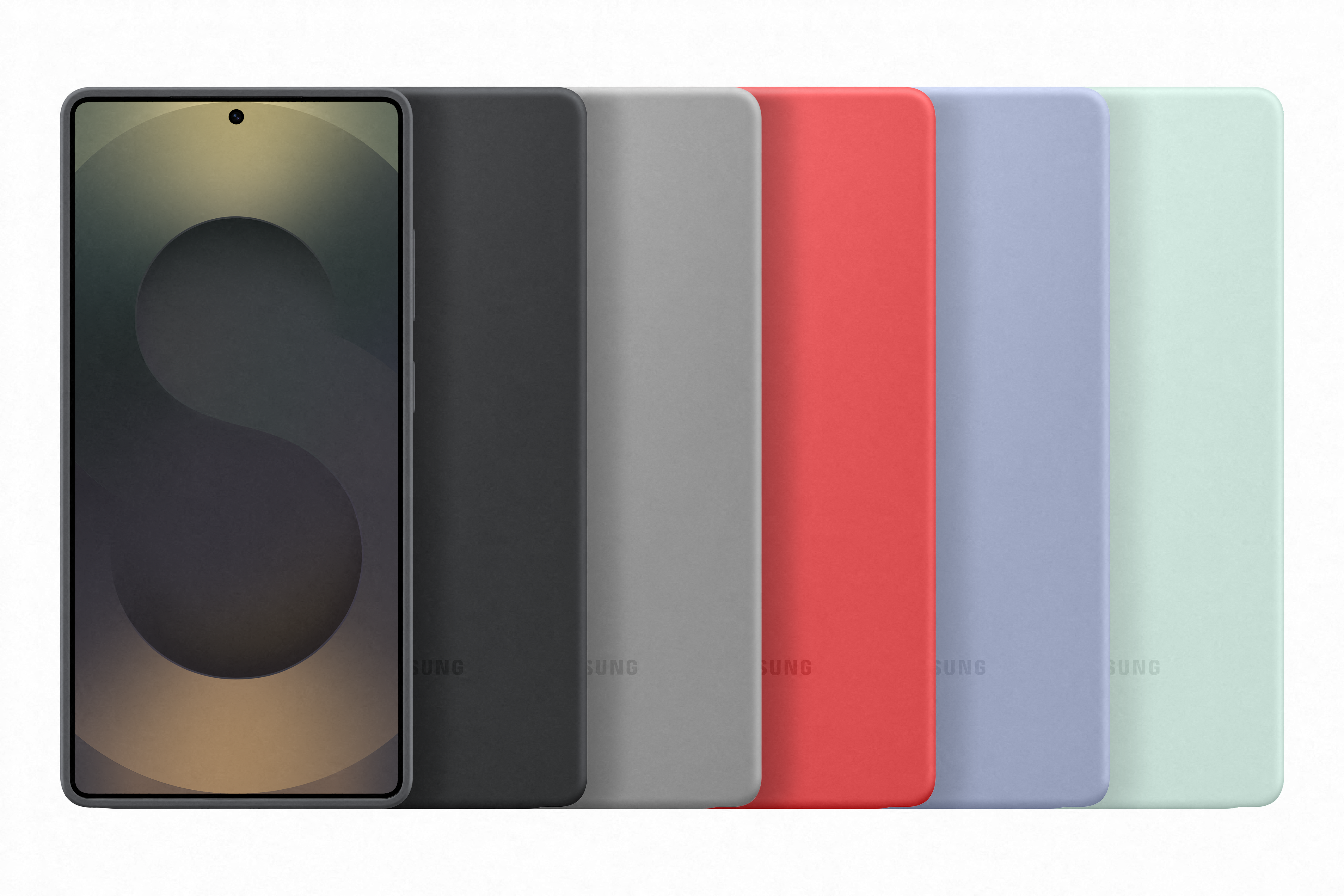 Sechs farbige Handyhüllen. Ein Telefon ist links sichtbar. Hüllen sind schwarz, grau, rot, blau und grün.