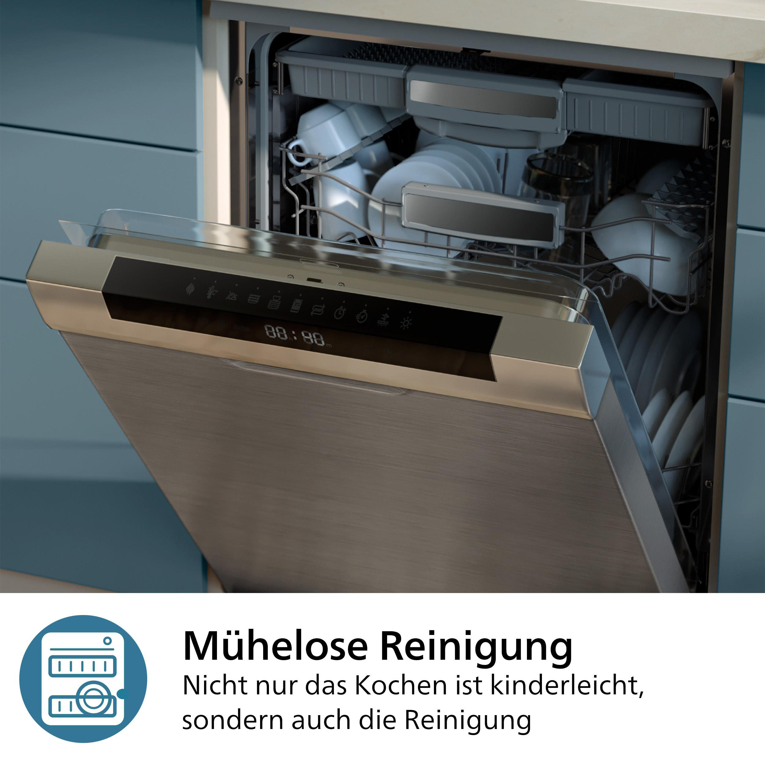 Geschirrspülertür geöffnet, gefüllt mit sauberem Geschirr. Text unten: Mühelose Reinigung.