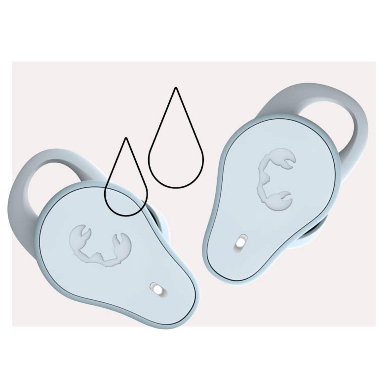 Deux écouteurs sans fil bleu clair avec logo de la marque, avec icônes de gouttes d'eau.
