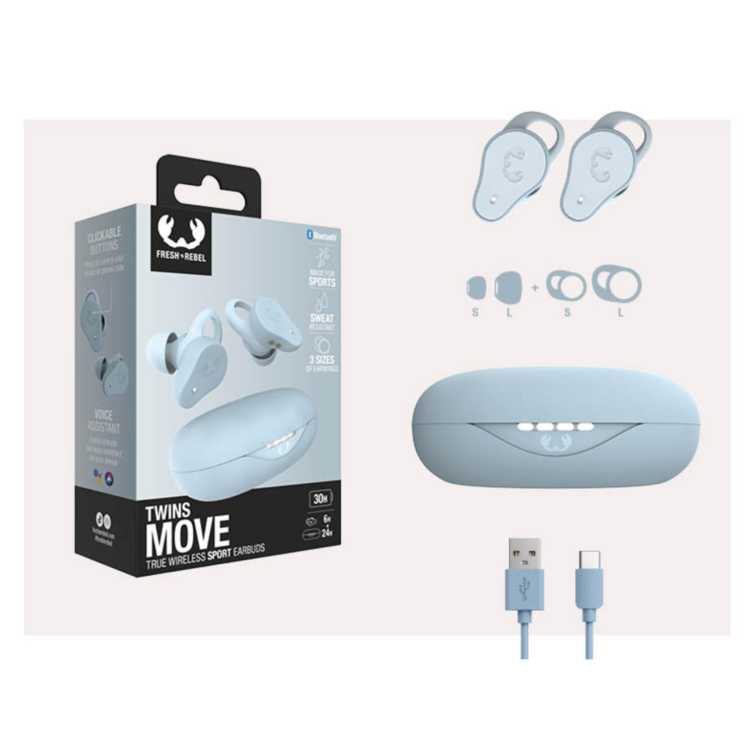 Écouteurs dans une boîte et étui de chargement. Des accessoires et un câble USB sont également dans l'image.
