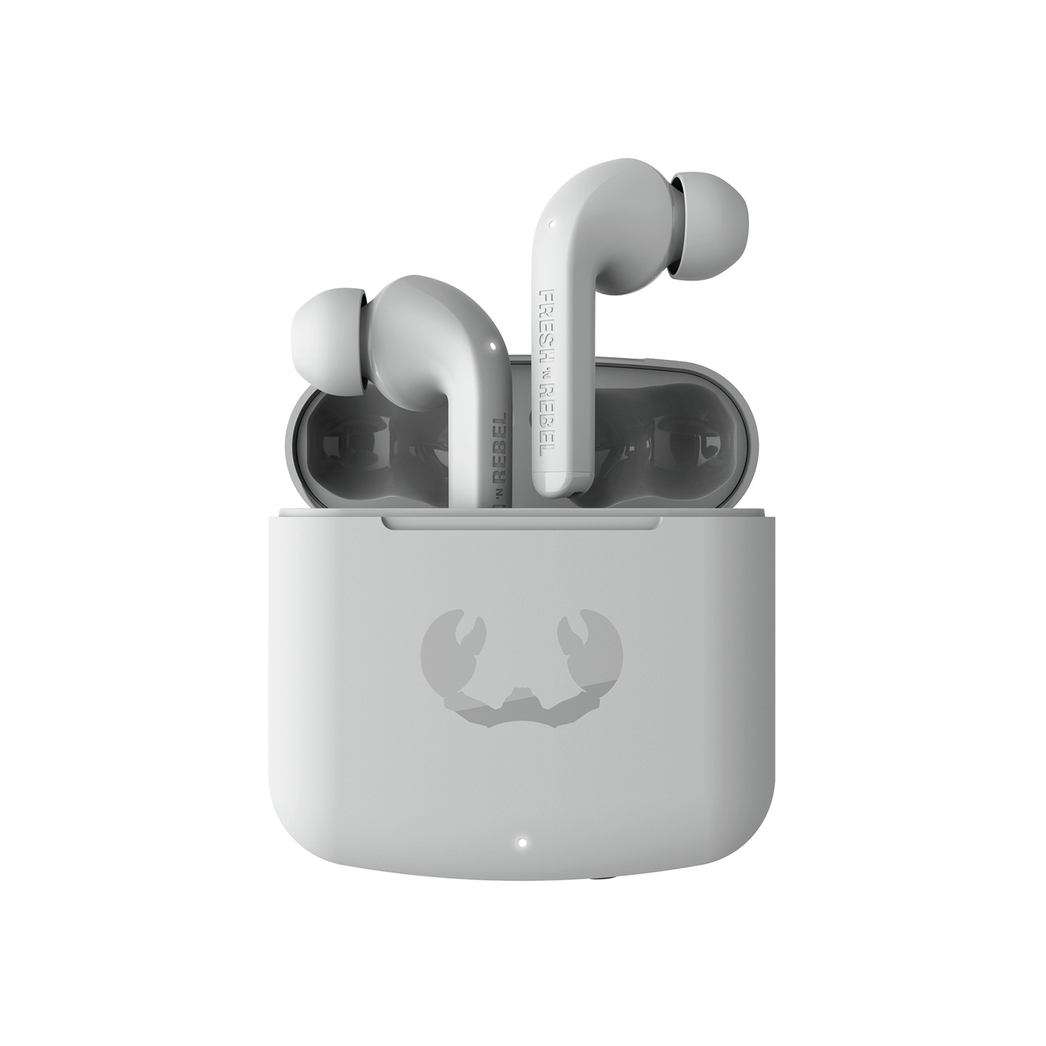 Earbuds inside a case, and a pair of earbuds, all gray, with a crab logo. White background.